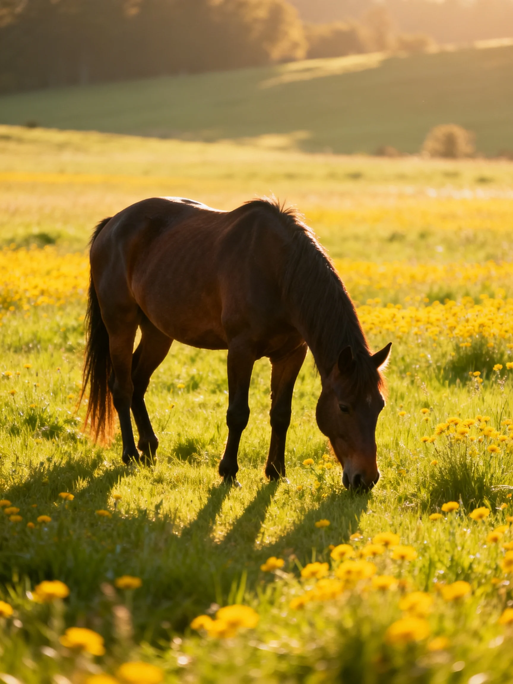 A brown horse grazing in a sunlit meadow of green grass and yellow wildflowers