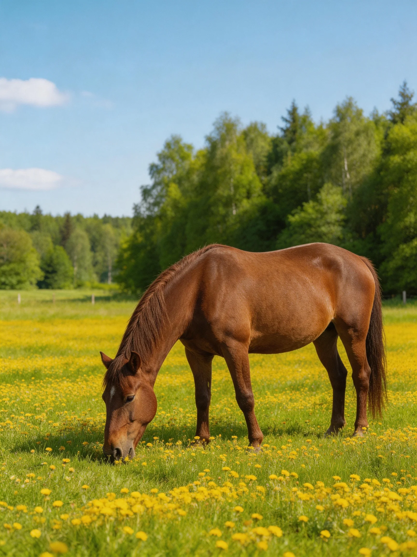 A brown horse grazing in a vibrant yellow-flowered meadow near lush green trees