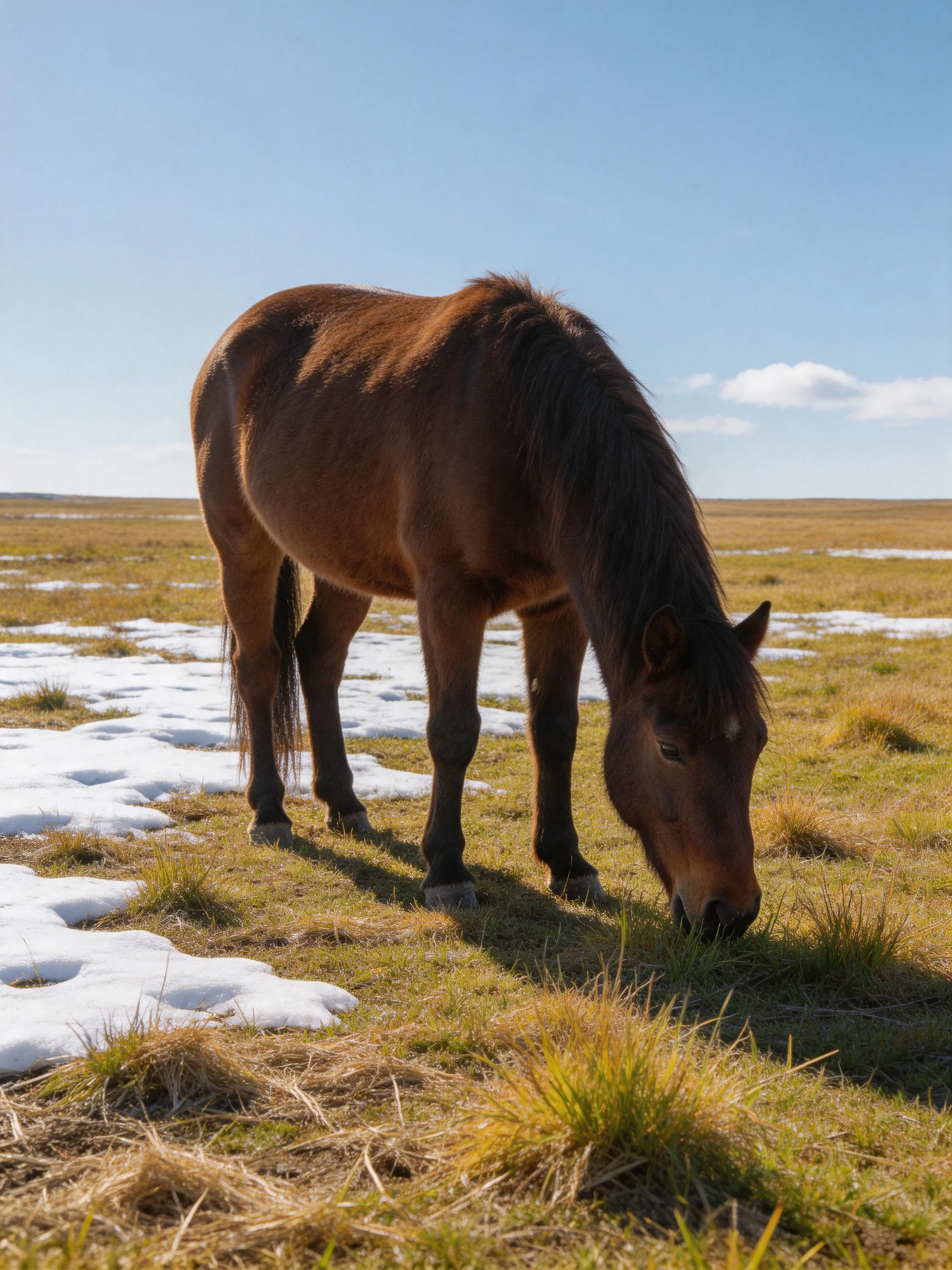 A brown horse grazing near patches of snow in an open field