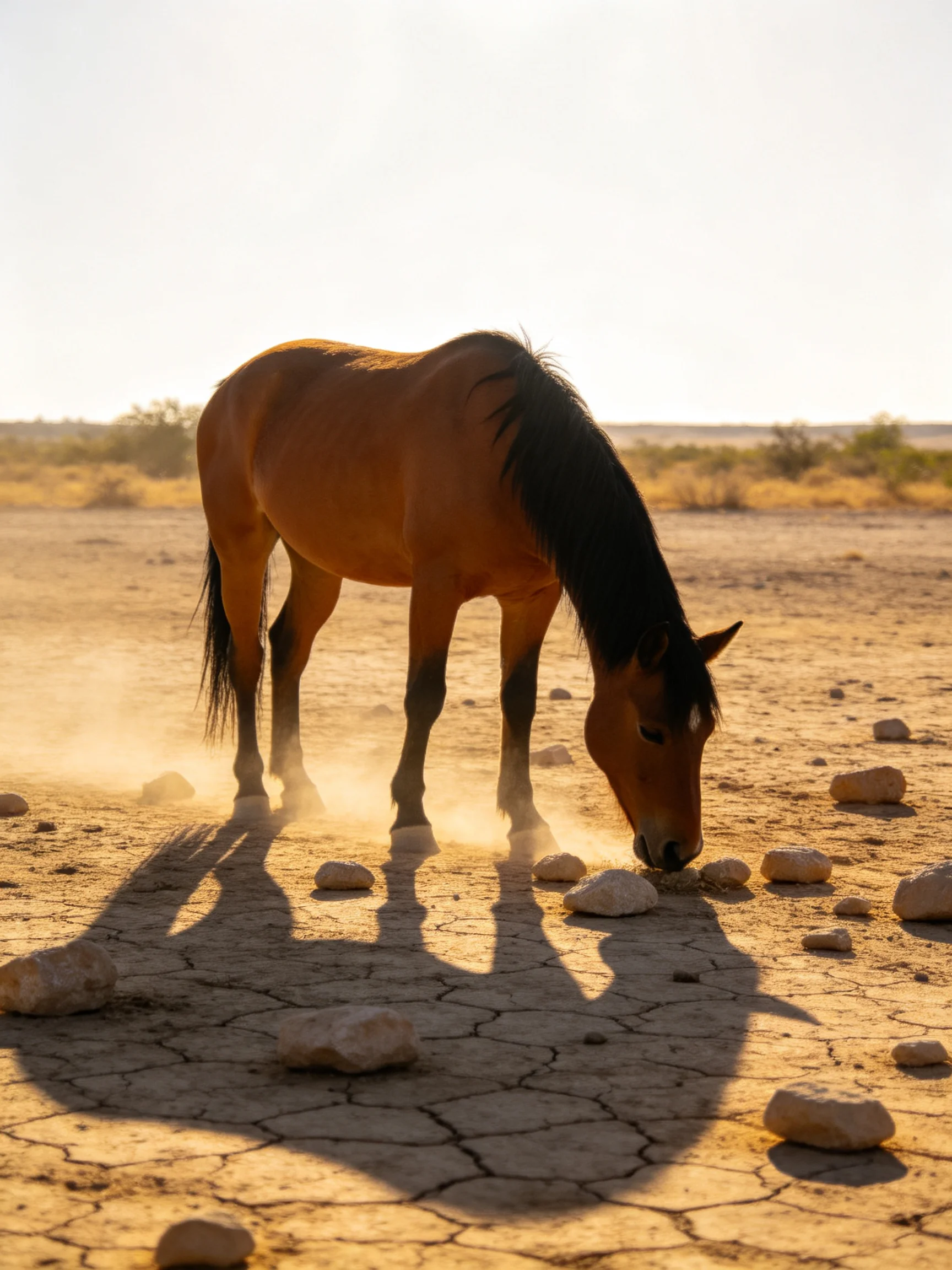 A brown horse grazing on dusty rocky terrain under bright sunlight