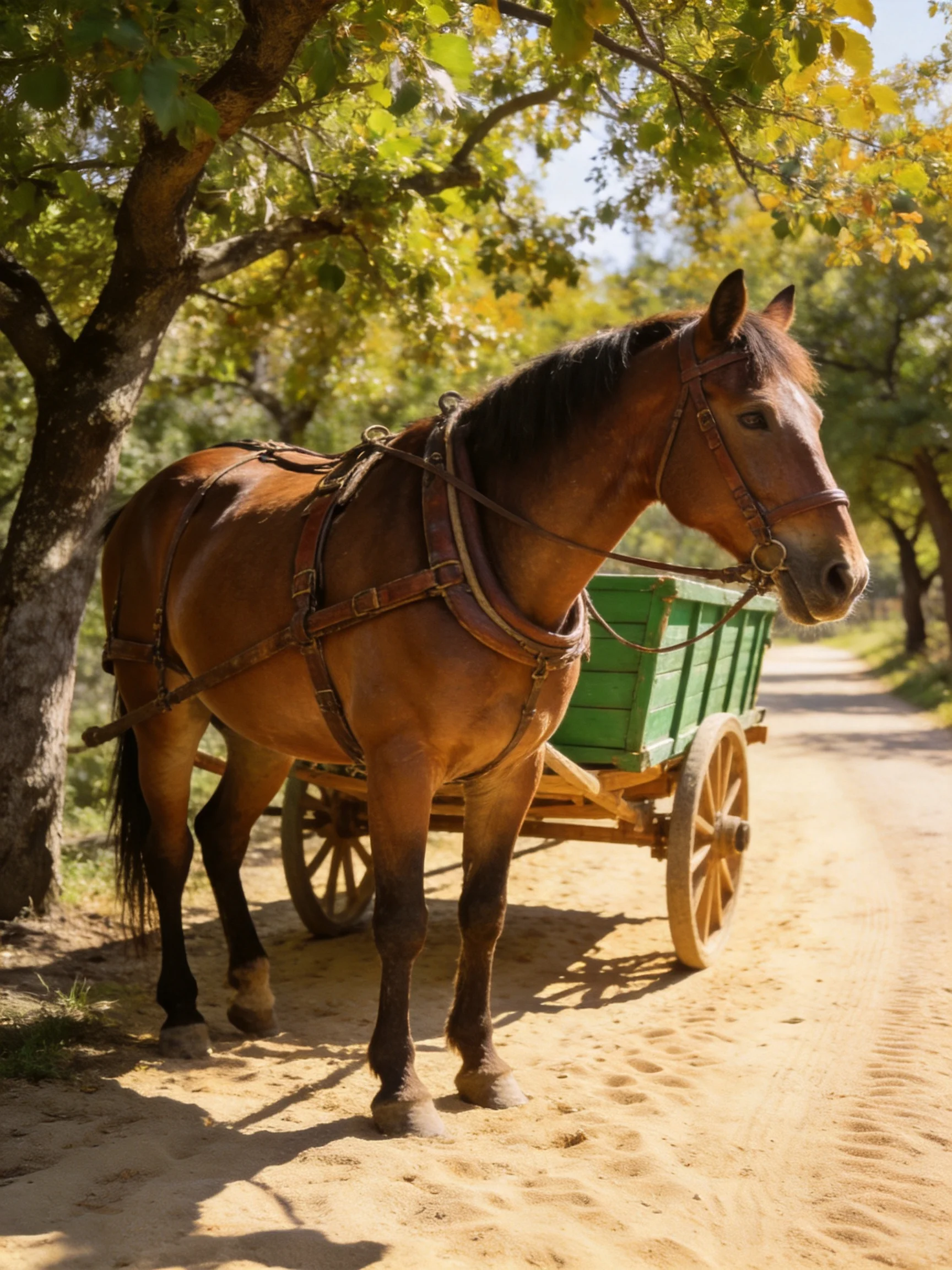 A brown horse harnessed to a green wooden cart on a sunlit dirt path