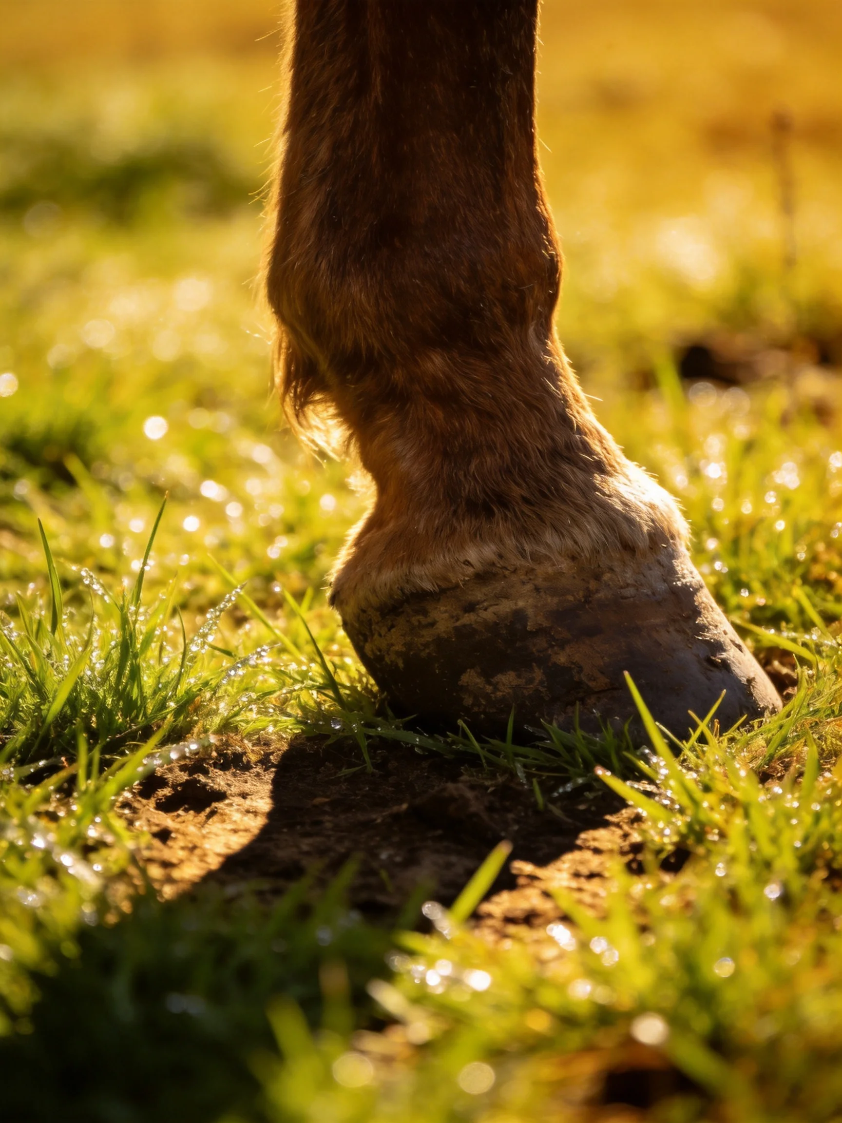 A brown horse hoof in dewy golden grass