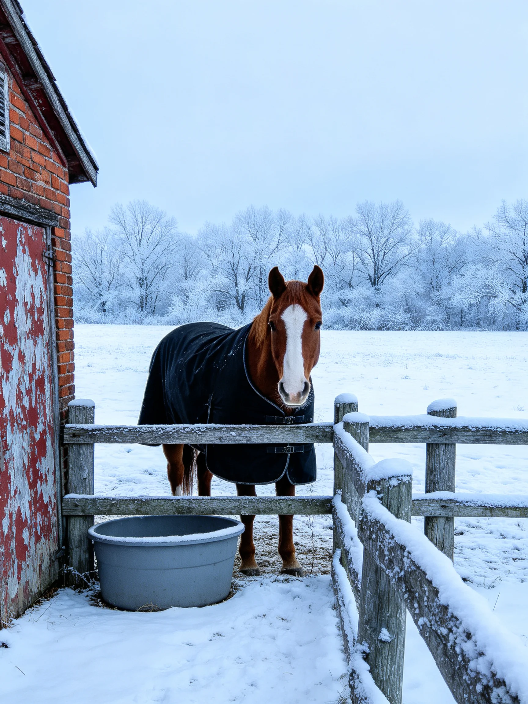 A brown horse in a black blanket near a snow-covered wooden fence