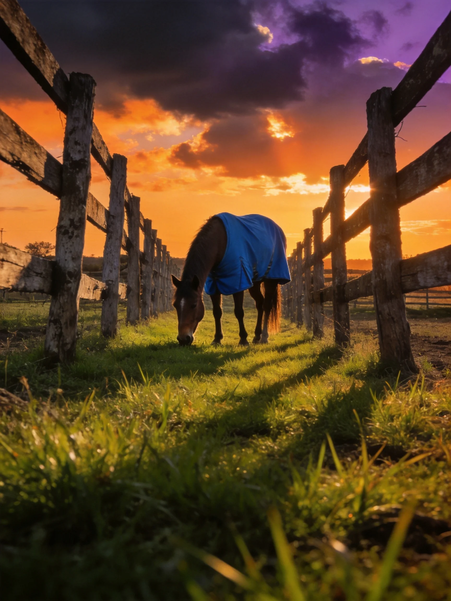 A brown horse in a blue blanket grazes near weathered wooden fences at sunset