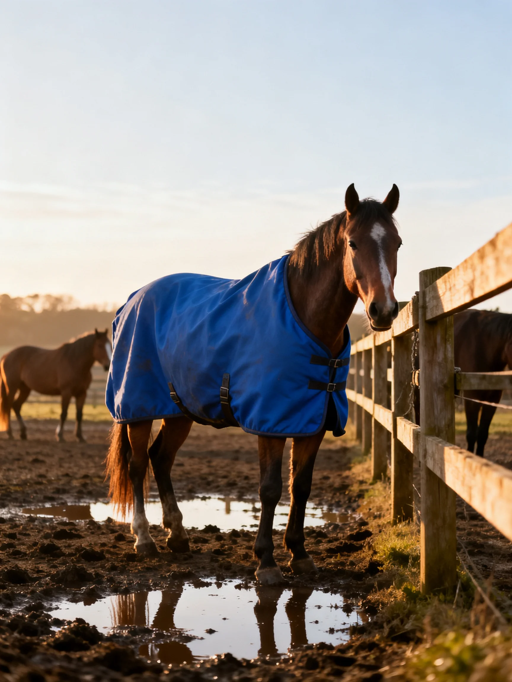 A brown horse in a blue blanket near a wooden fence in a muddy field