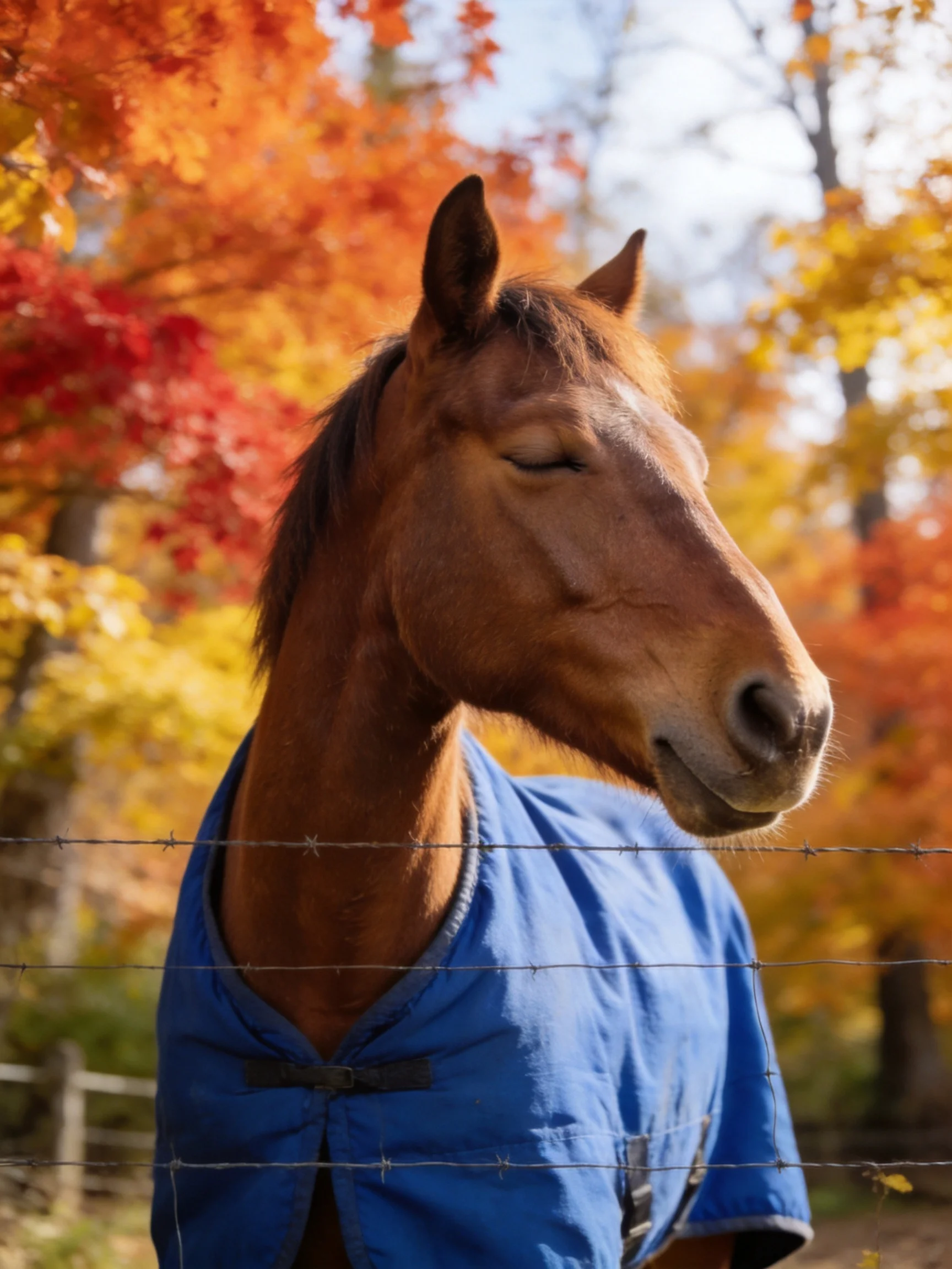 A brown horse in a blue blanket near colorful fall foliage
