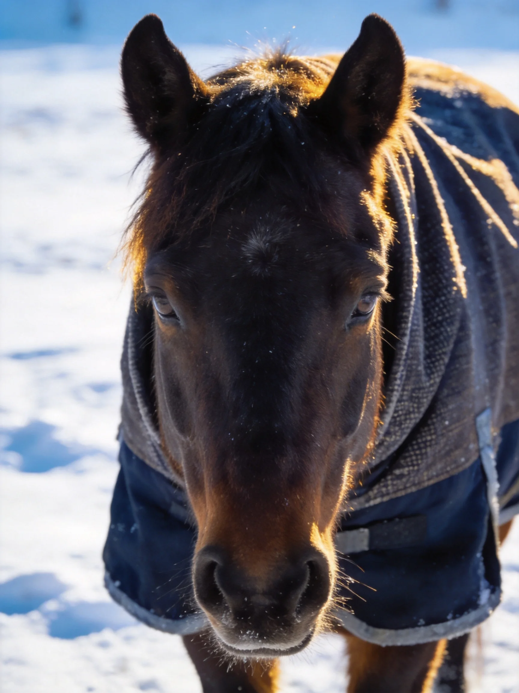A brown horse in a blue blanket on snow - covered ground