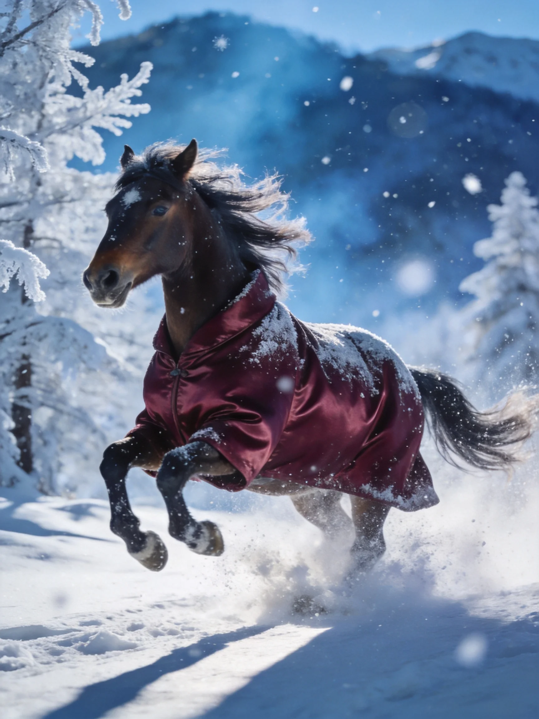 A brown horse in a burgundy coat gallops through a snowy mountain scene