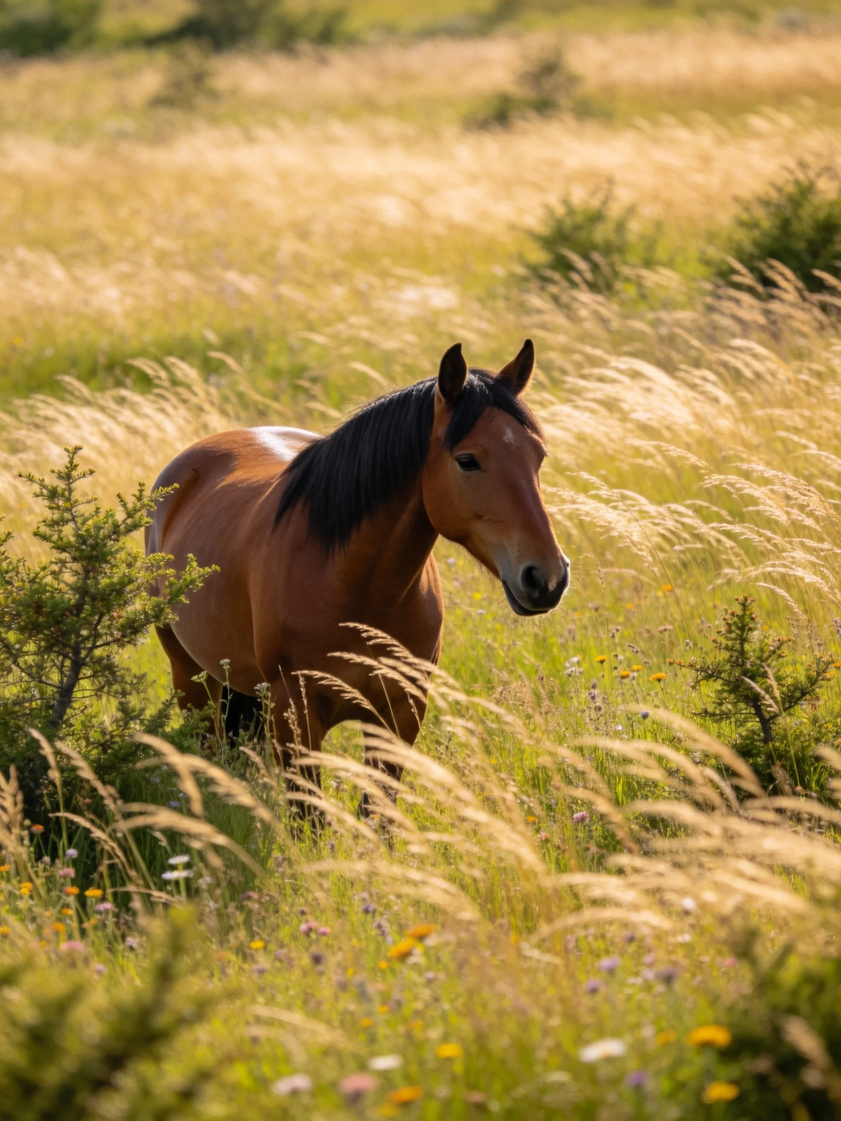 A brown horse moves through a sunlit field of tall golden grass.