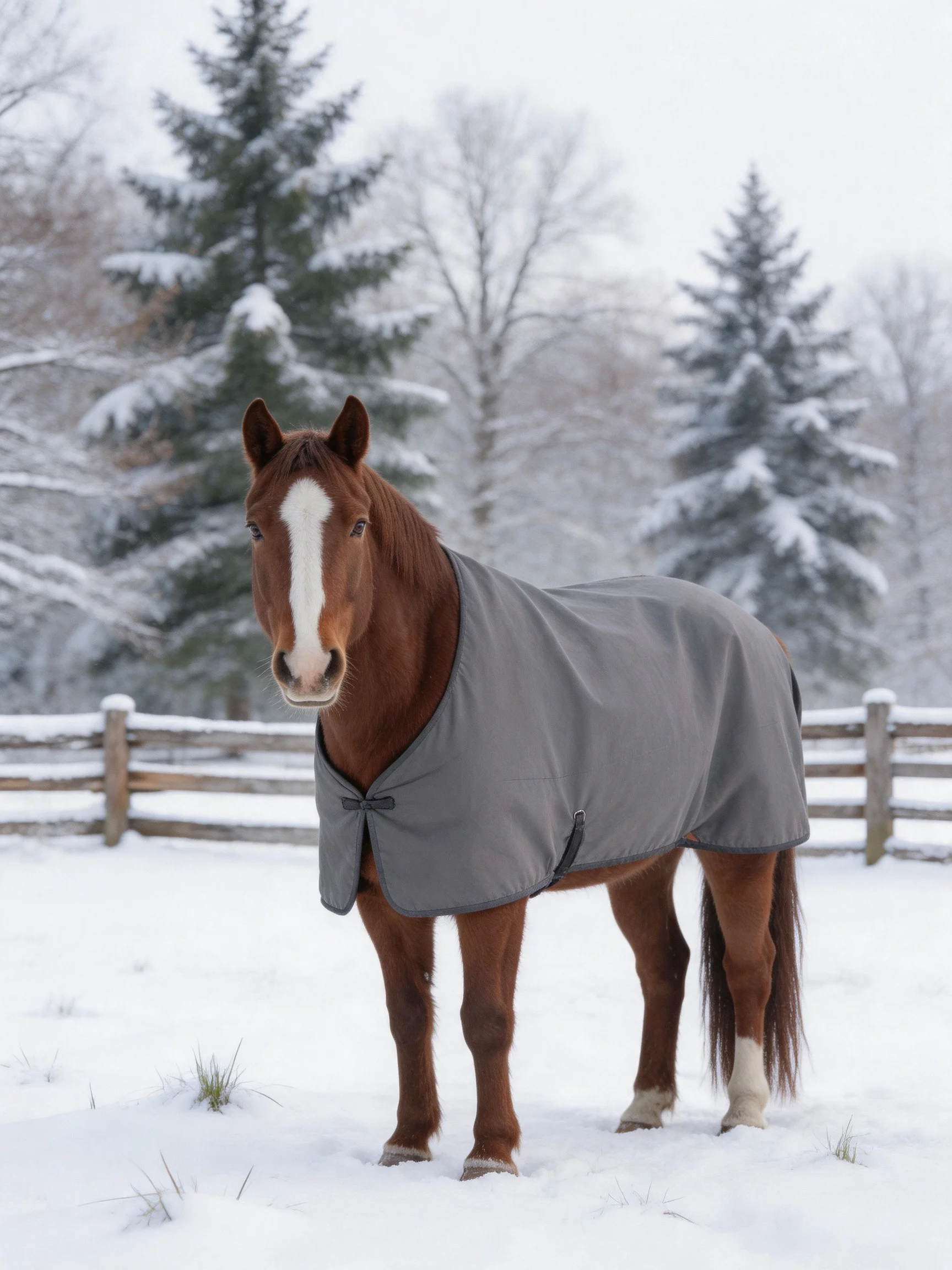 A brown horse in a gray blanket amidst a snowy landscape