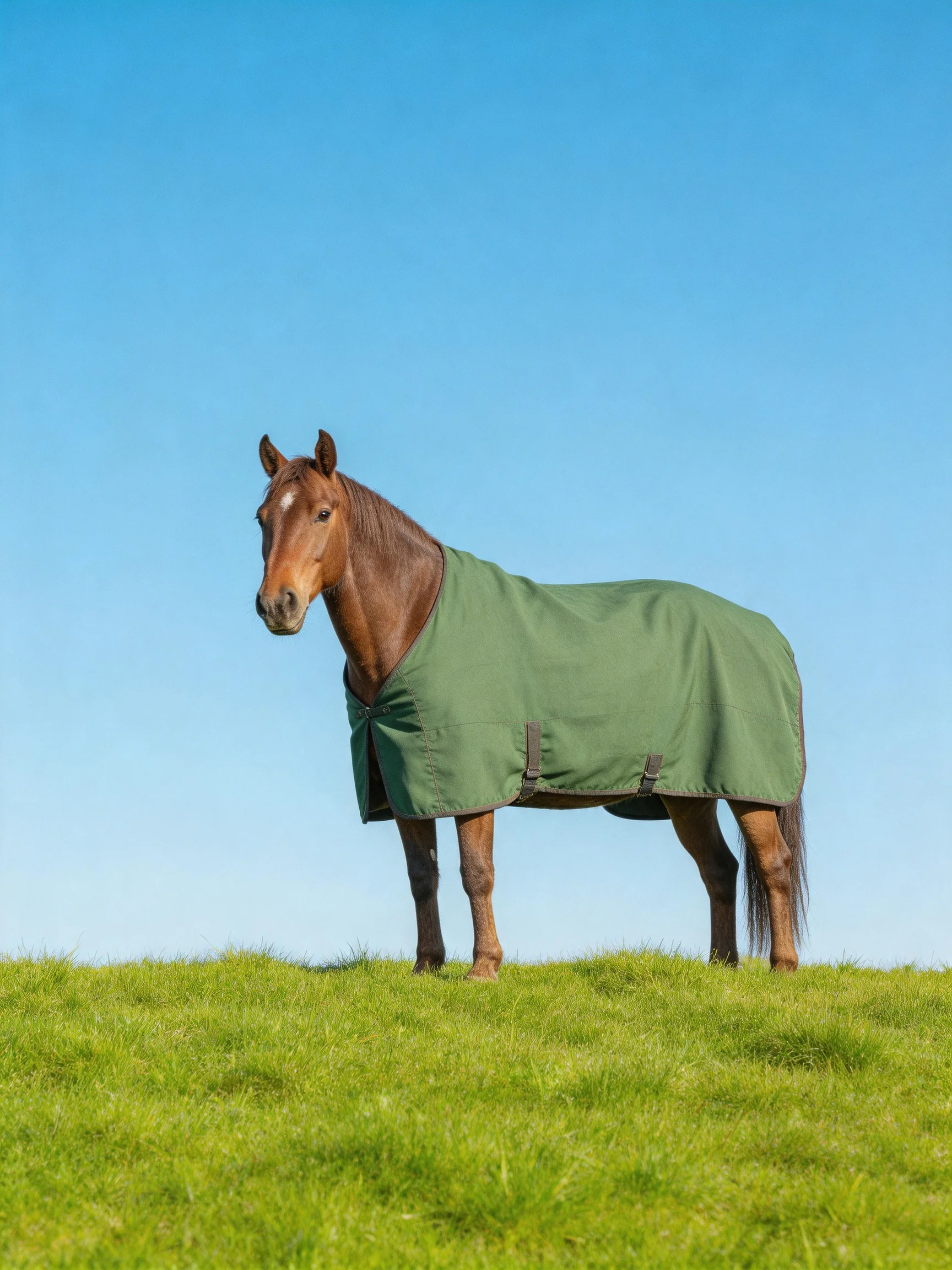 A brown horse in a green blanket stands on a grassy hill beneath a clear blue sky