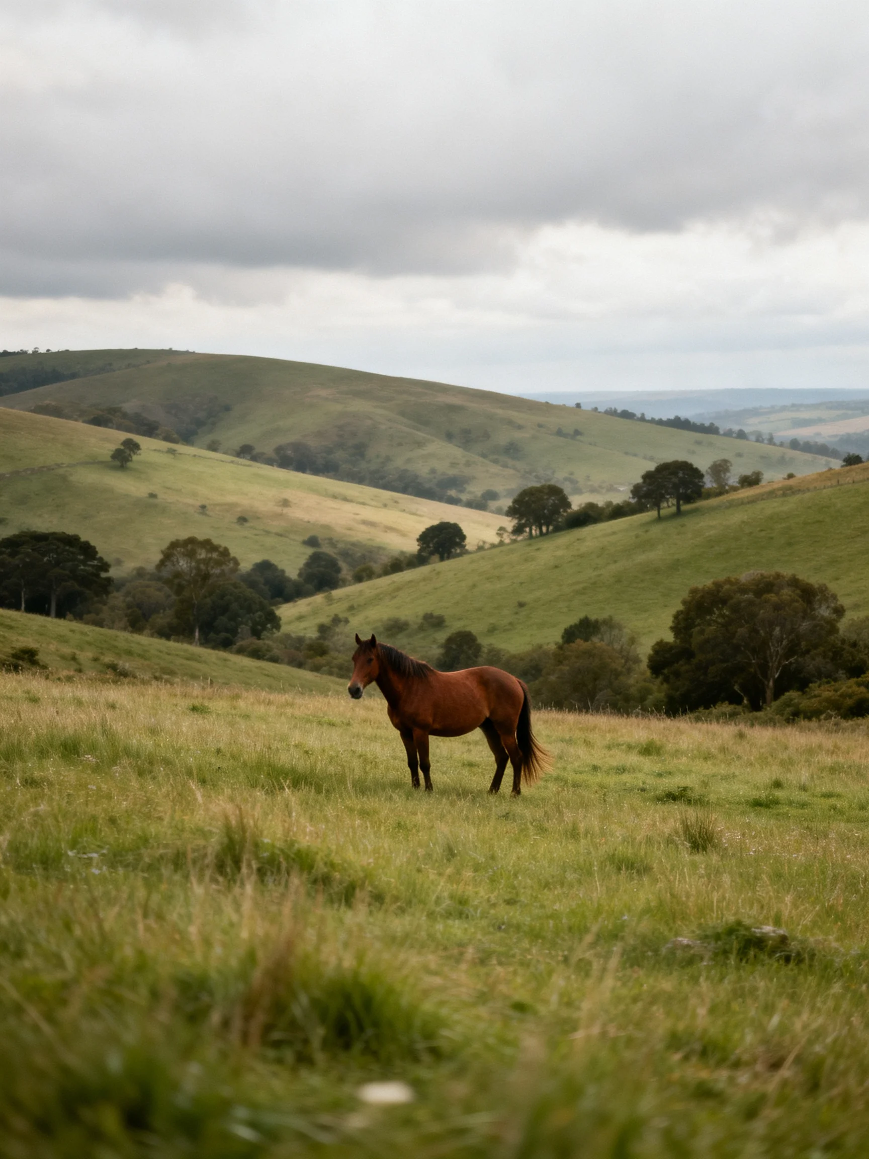 A brown horse in a lush green meadow with rolling hills