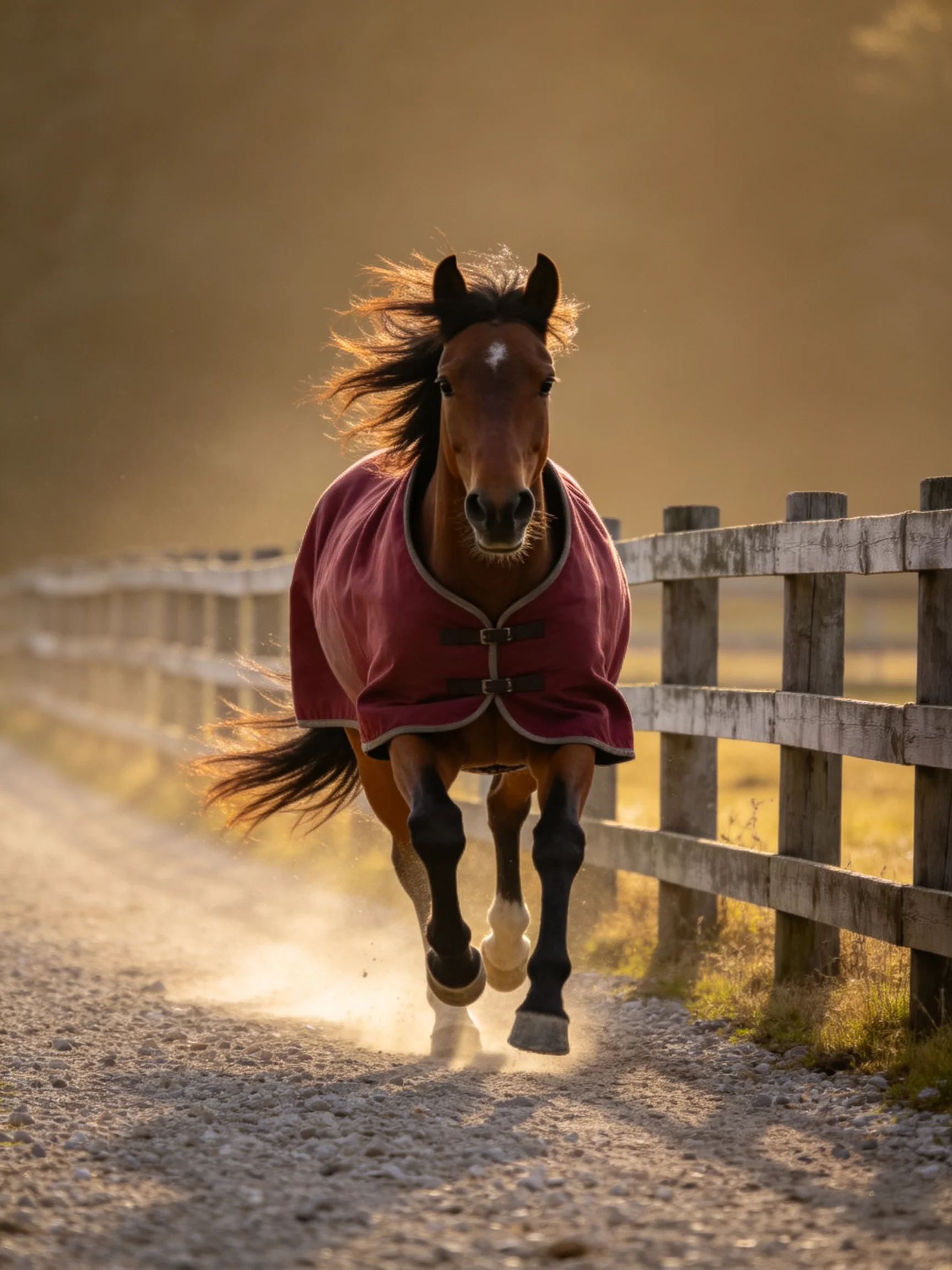 A brown horse in a maroon blanket gallops past a wooden fence