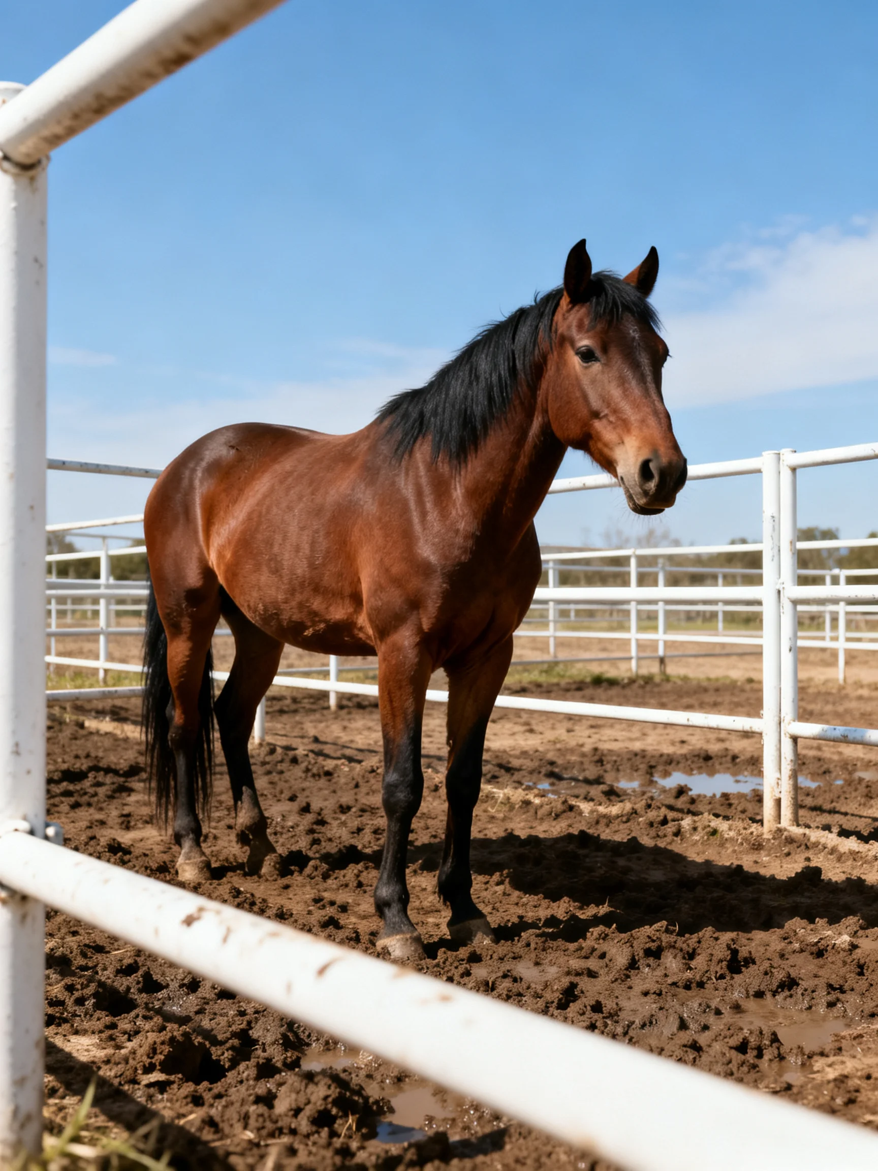 A brown horse in a muddy paddock with white railings