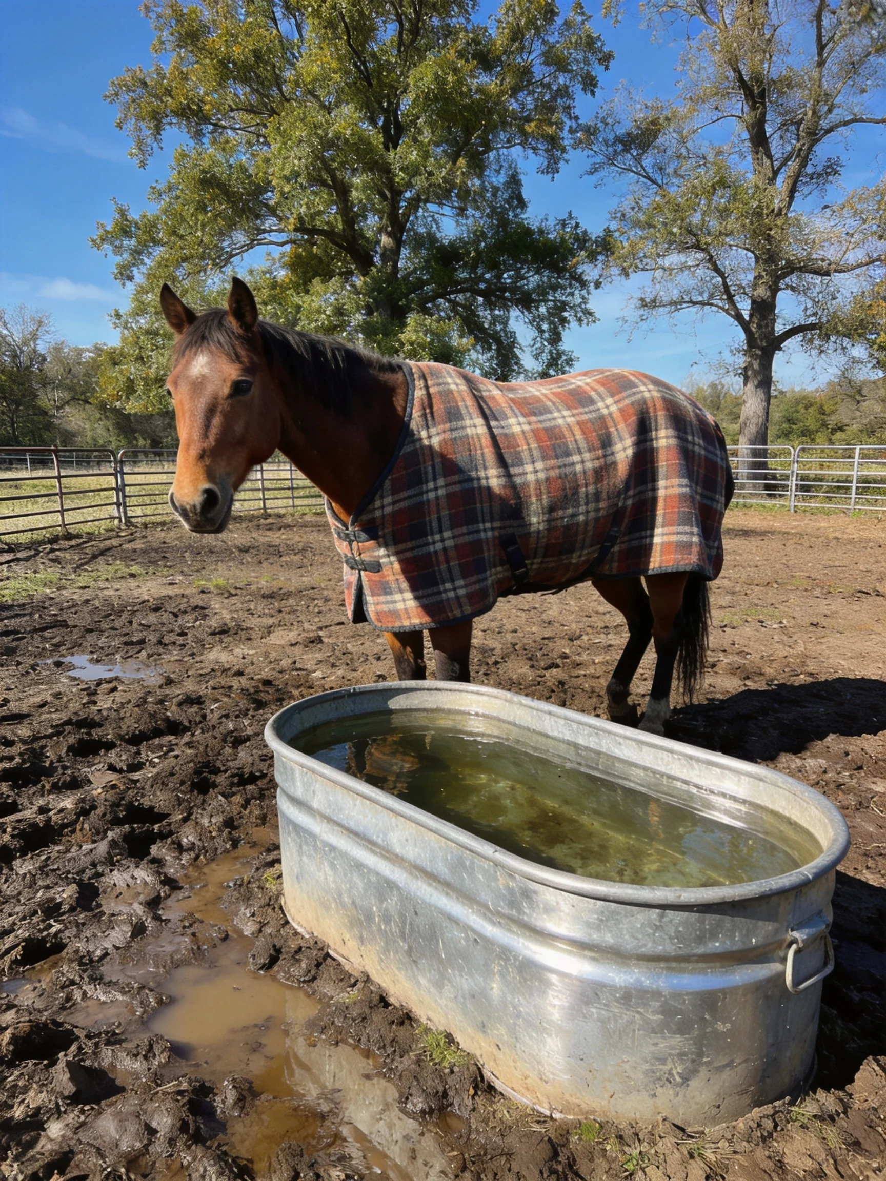 A brown horse in a plaid blanket by a large metal water tub