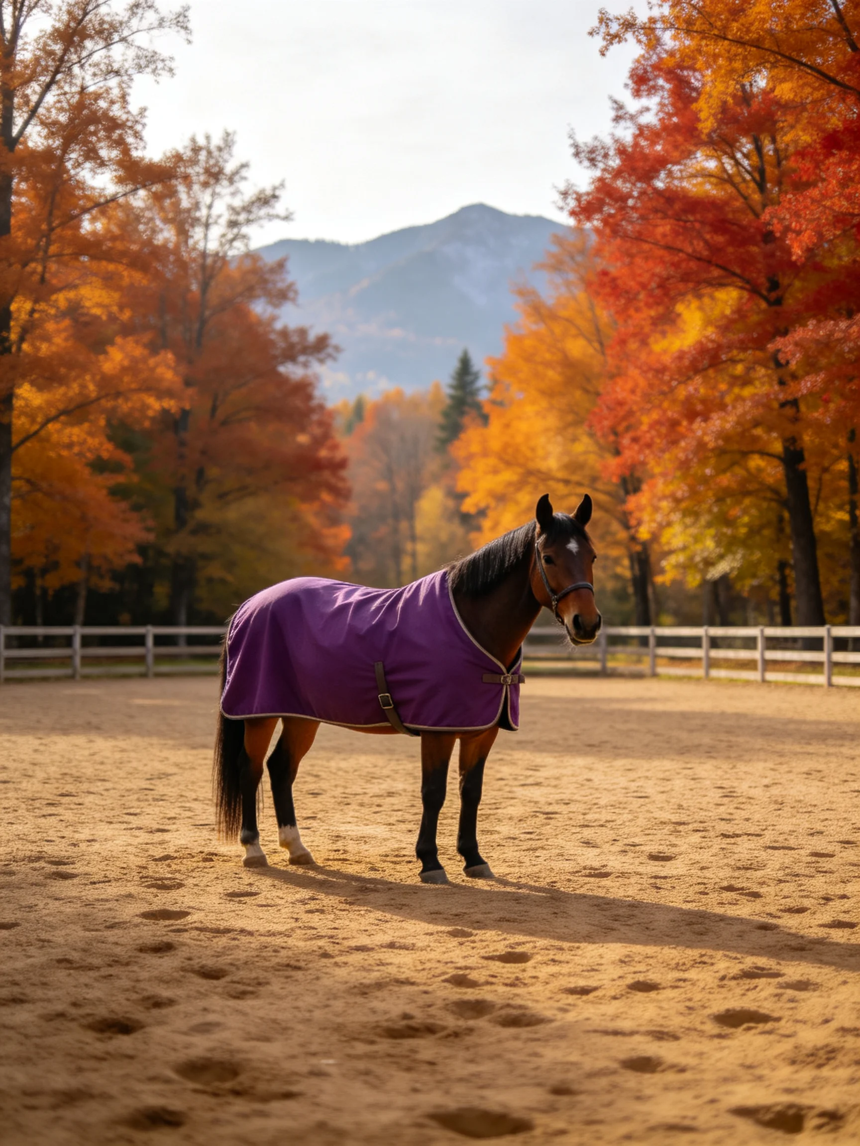 A brown horse in a purple blanket amid autumn foliage near mountains