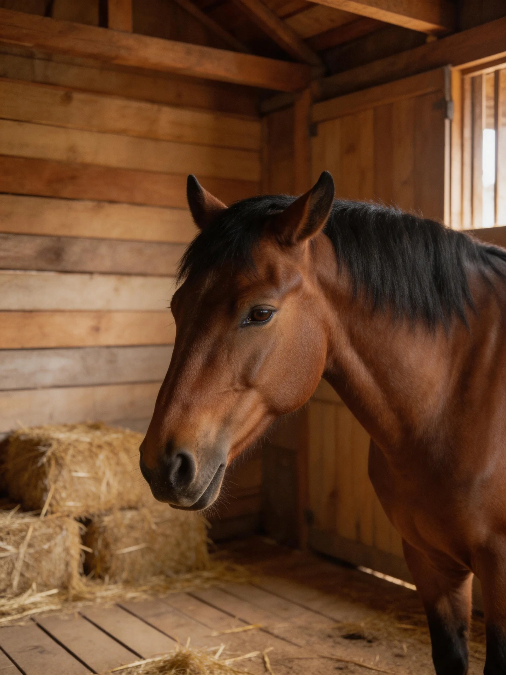 A brown horse is inside a wooden stable with hay bales present.