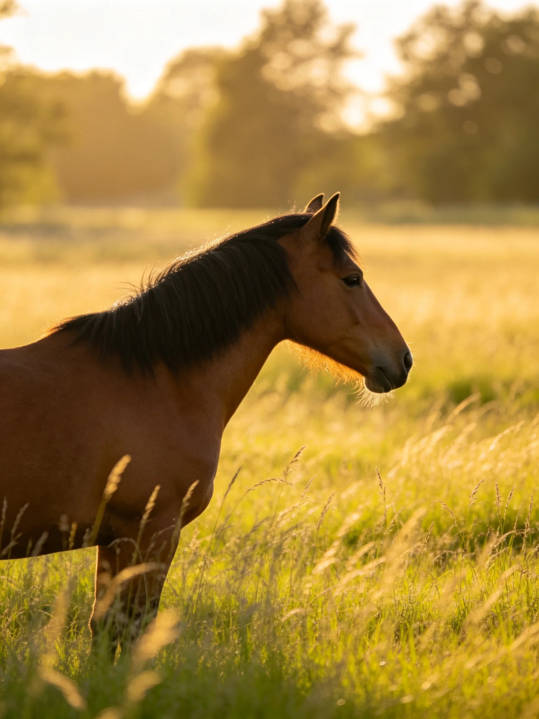 A brown horse in a sunlit green meadow at golden hour