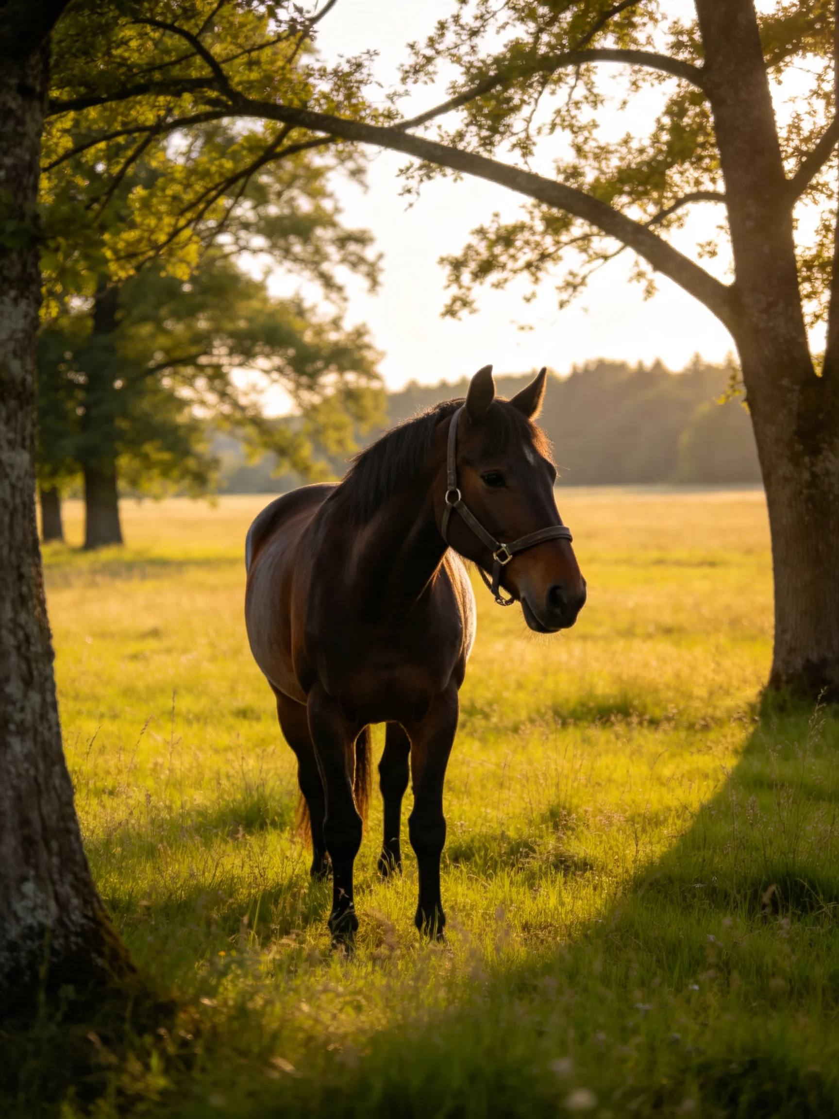 A brown horse in a sunlit green meadow near tall trees