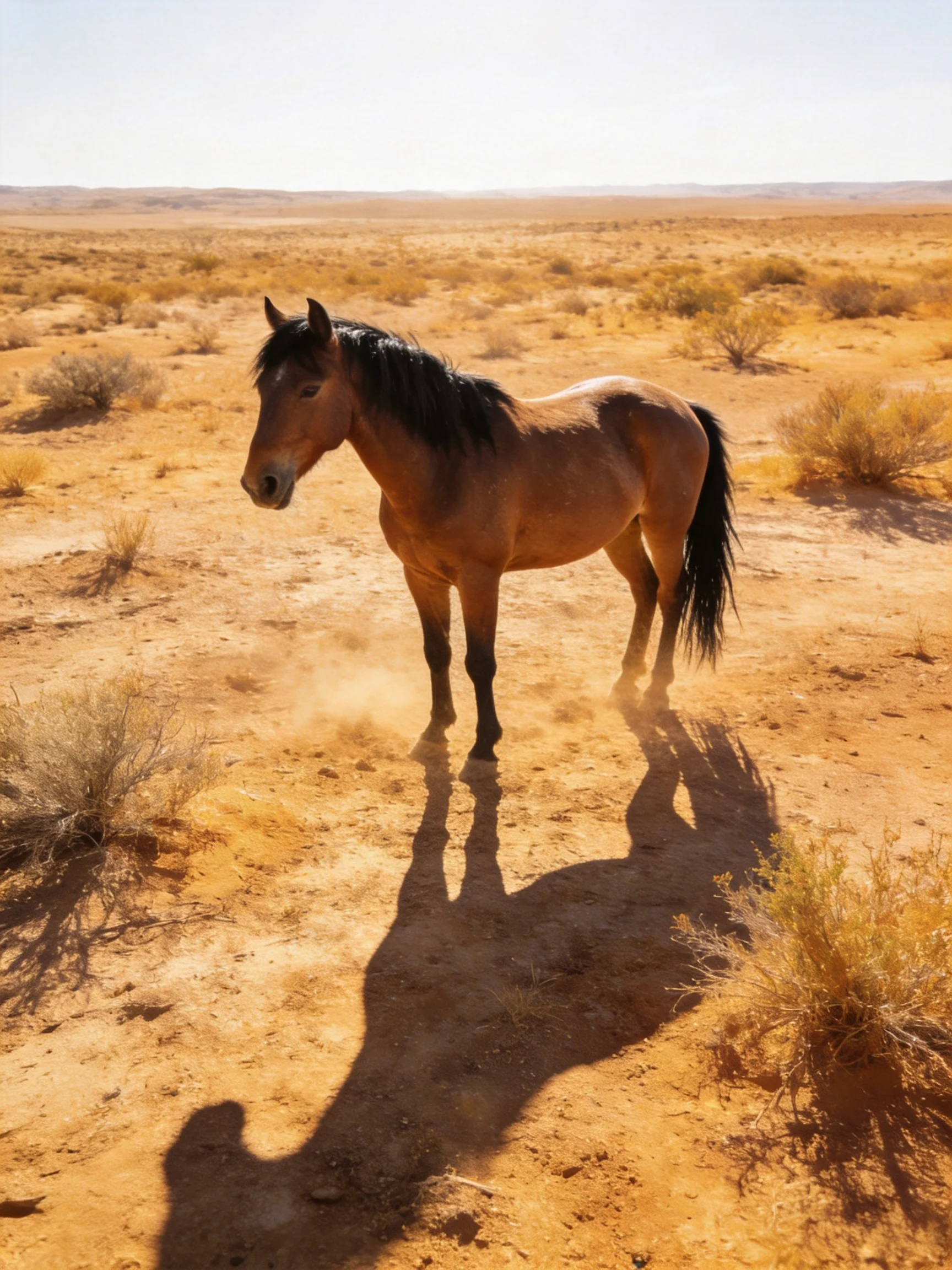 A brown horse in a vast, arid sandy landscape