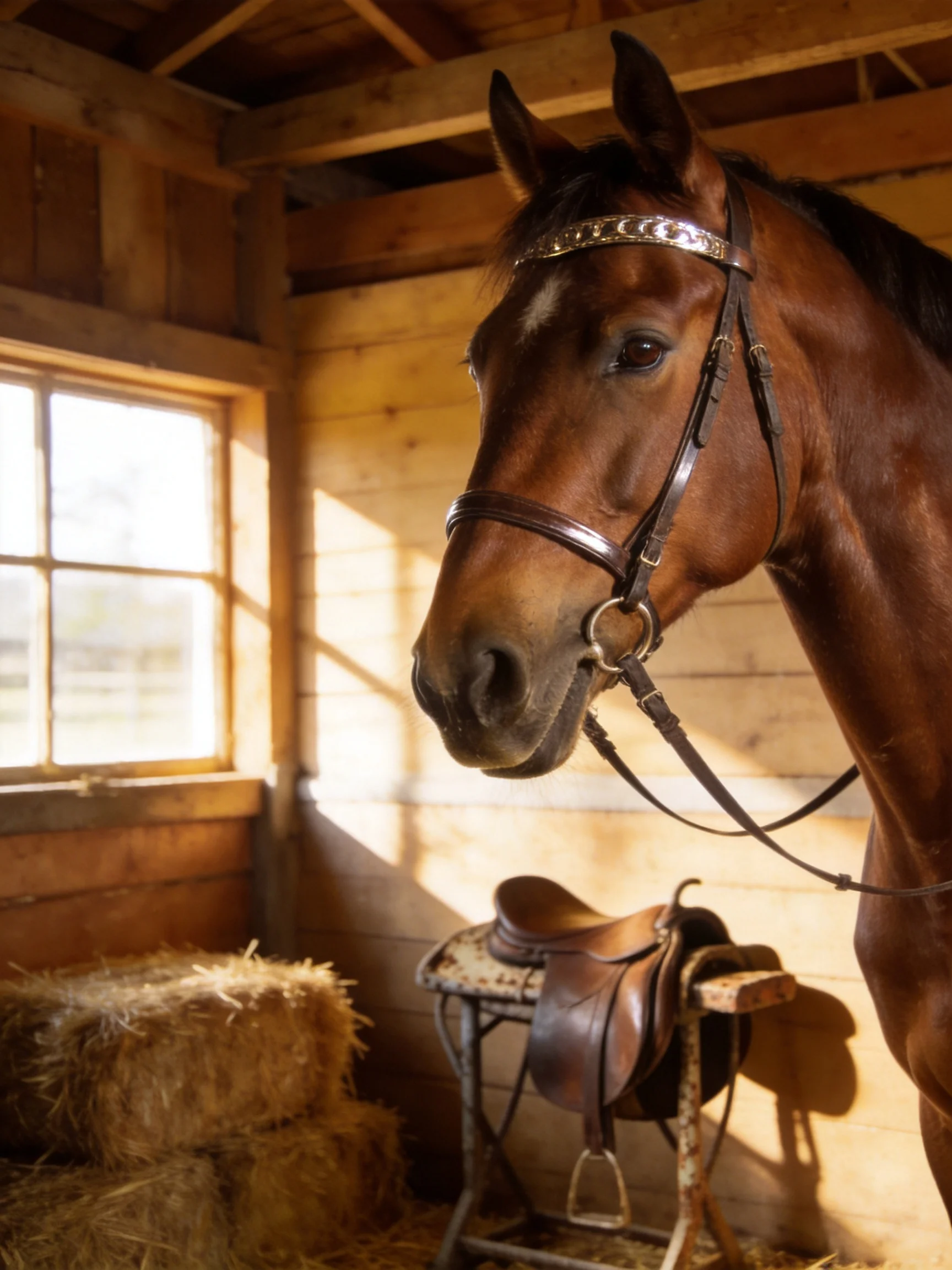 A brown horse in a wooden stable with hay bales and a saddle