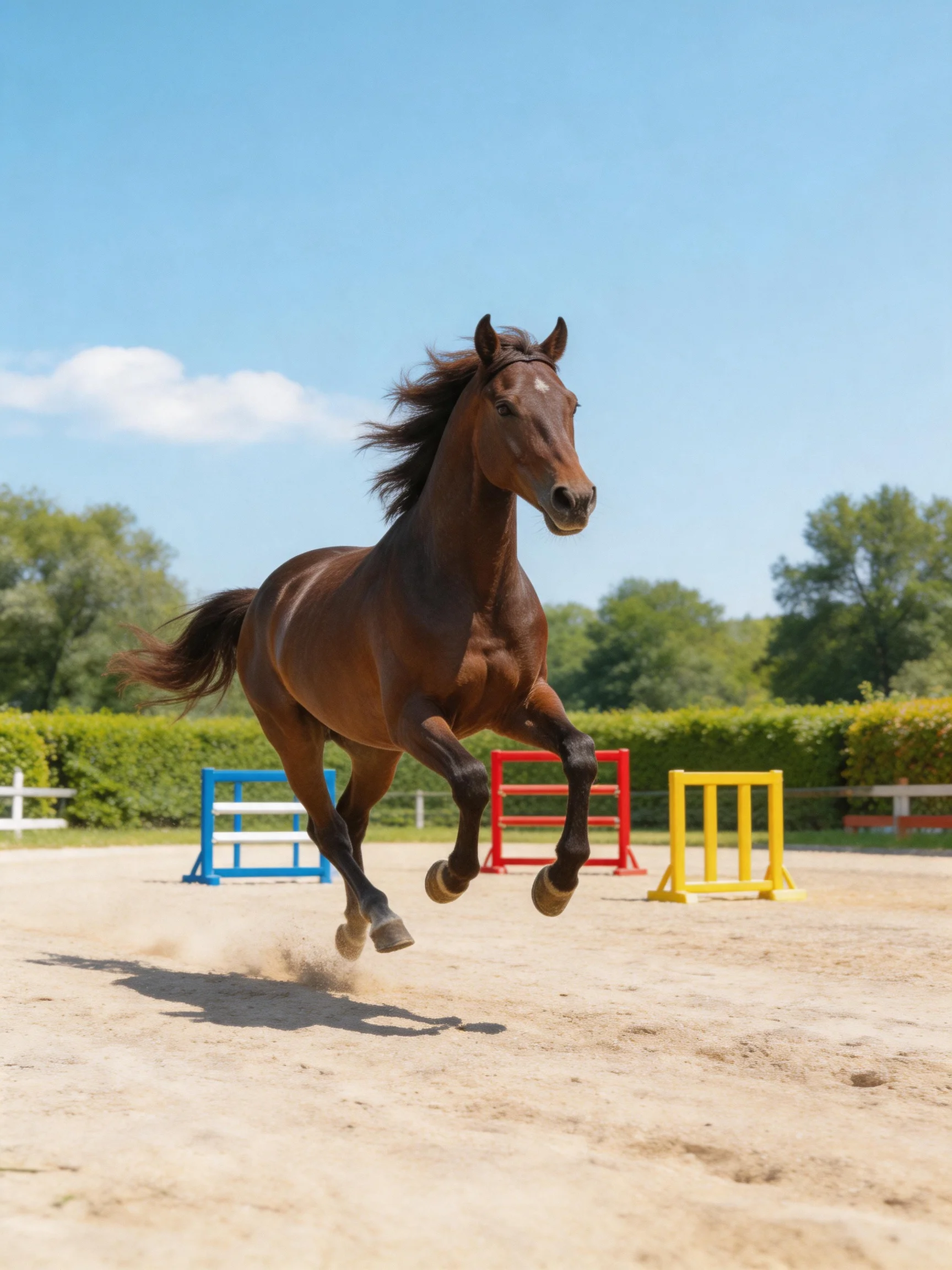 A brown horse leaps over three colorful jumps in an outdoor arena