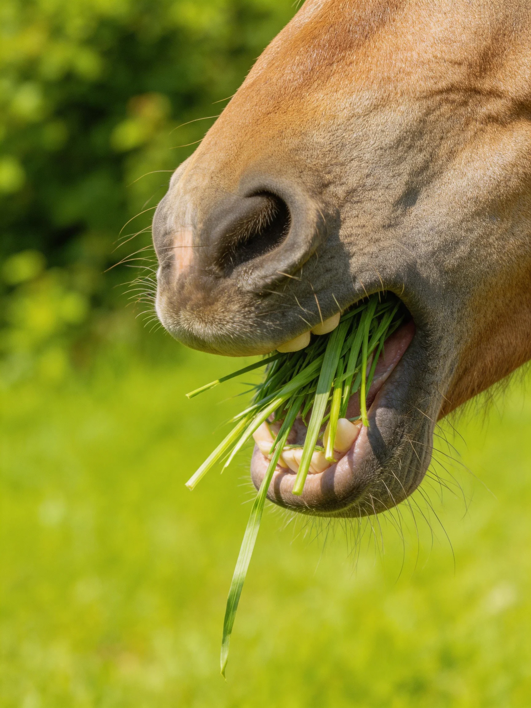 A brown horse munching fresh green grass in a sunny meadow