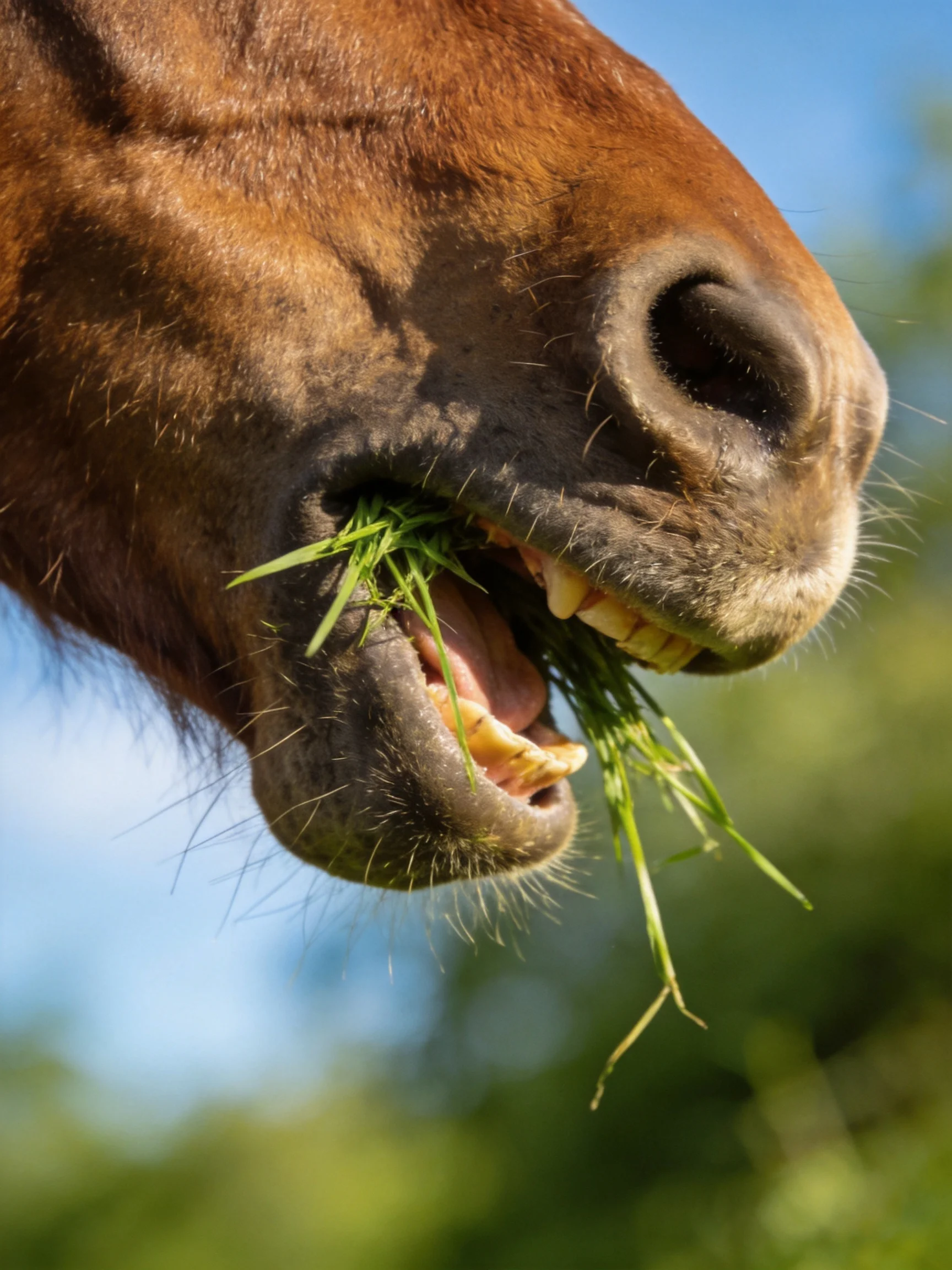 A brown horse munching fresh green grass in bright daylight