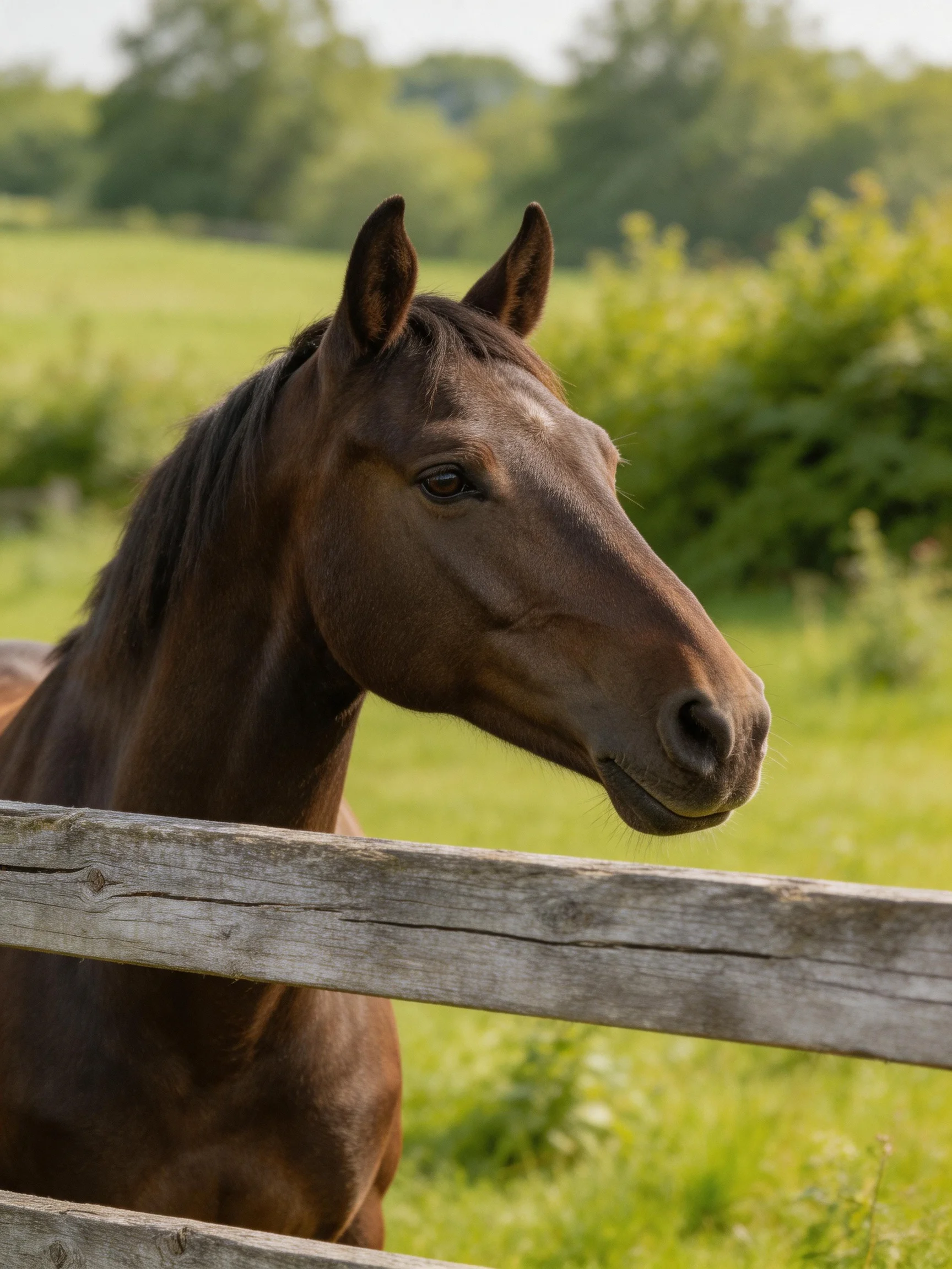 A brown horse near a weathered wooden fence in a lush green pasture