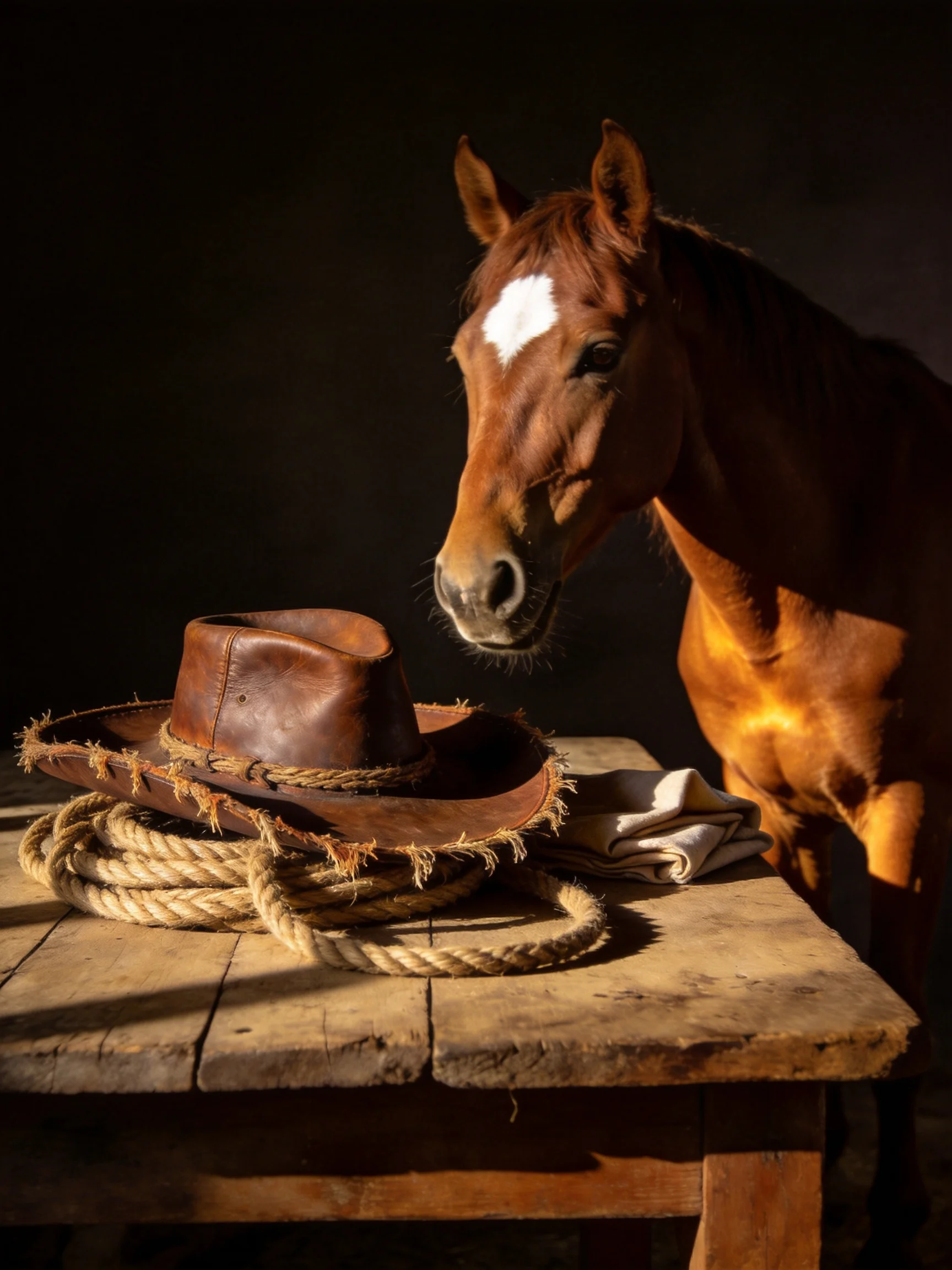 A brown horse near a weathered wooden table with frayed leather hat and coiled rope