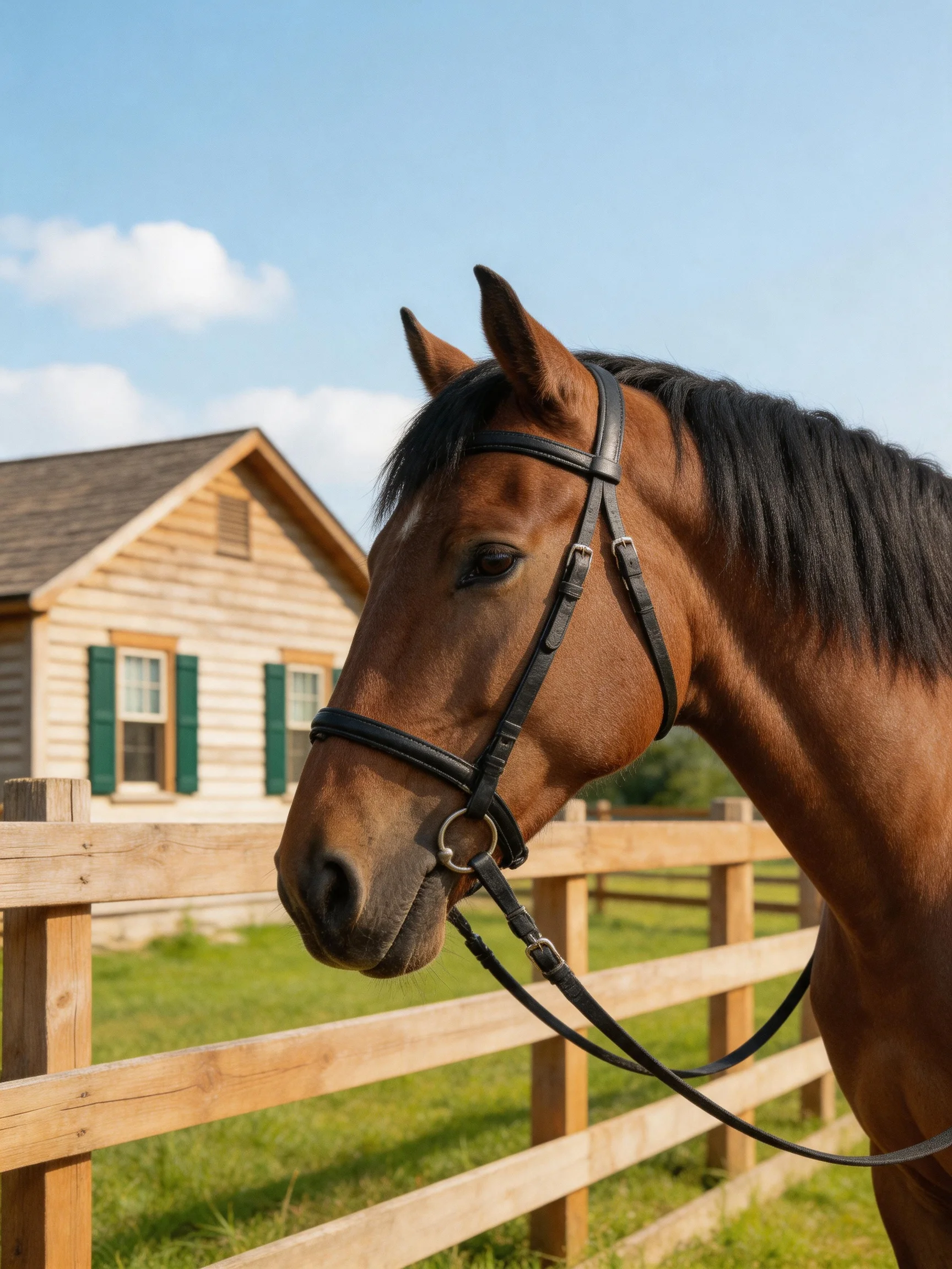 A brown horse near a wooden fence with a light - colored house