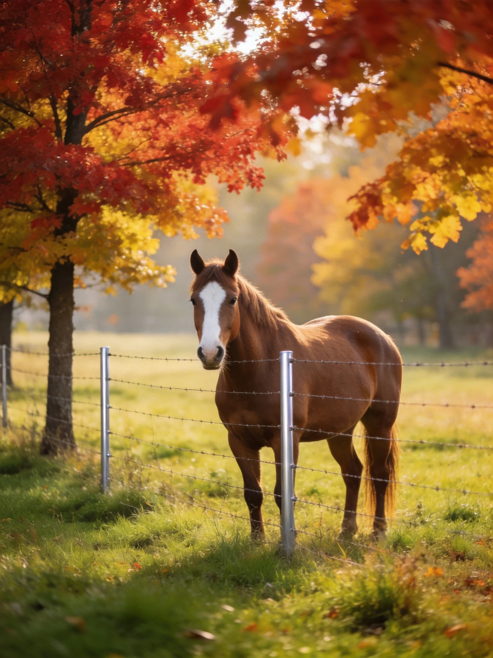 A brown horse near barbed wire fence amid colorful fall trees