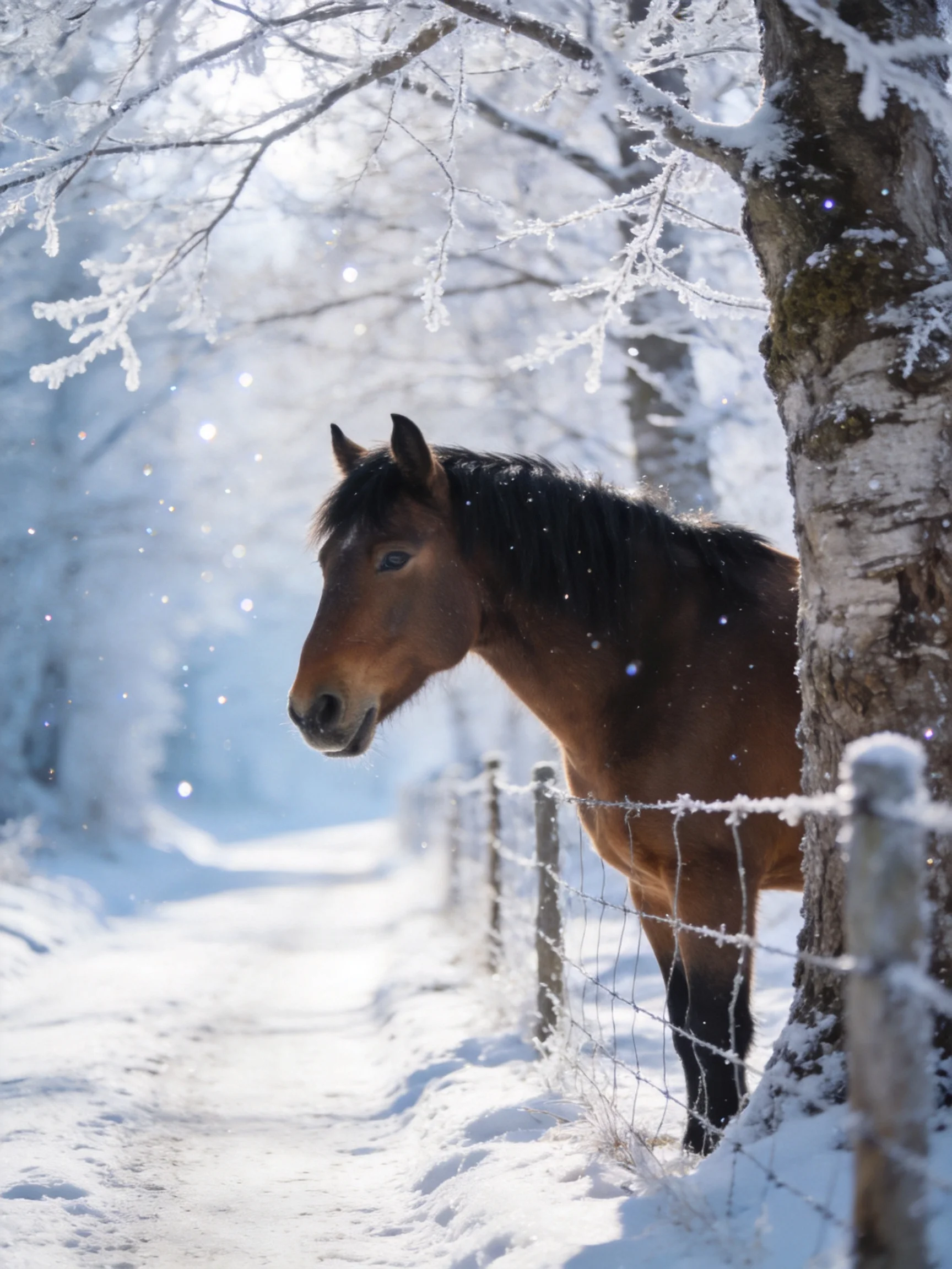 A brown horse near snow-covered birch trees in a wintry landscape