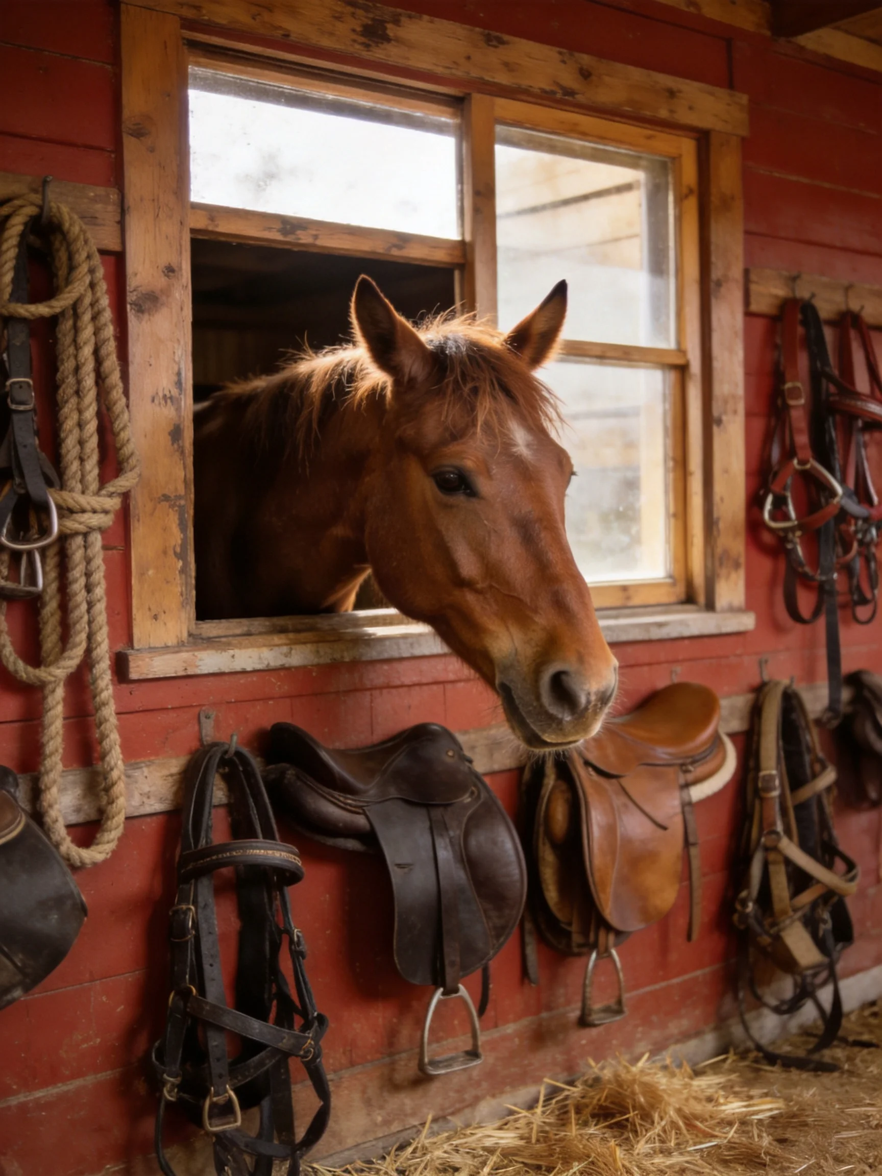 A brown horse peeks from a rustic stable with red walls and leather tack