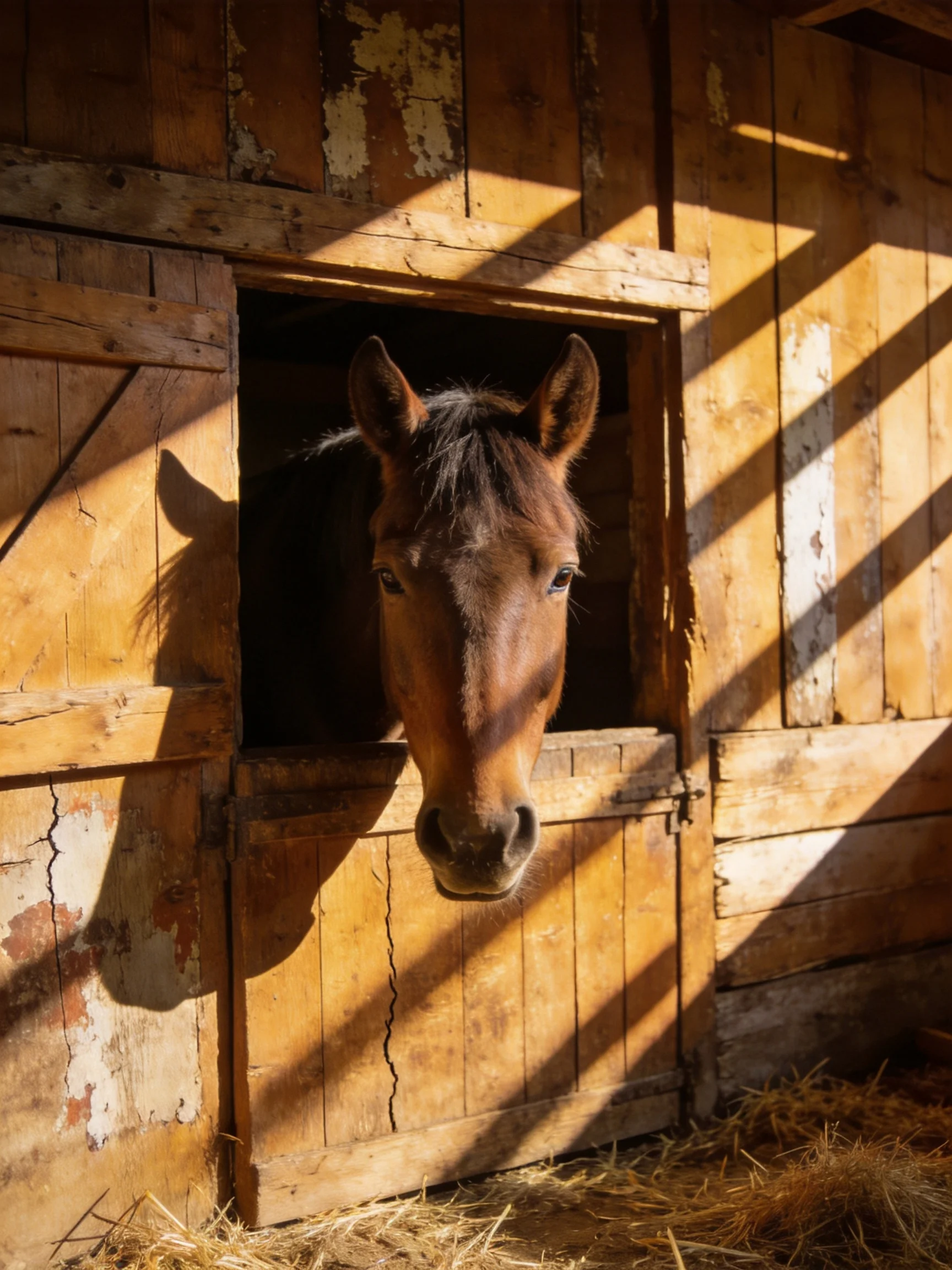 A brown horse peeks from a weathered wooden stable door