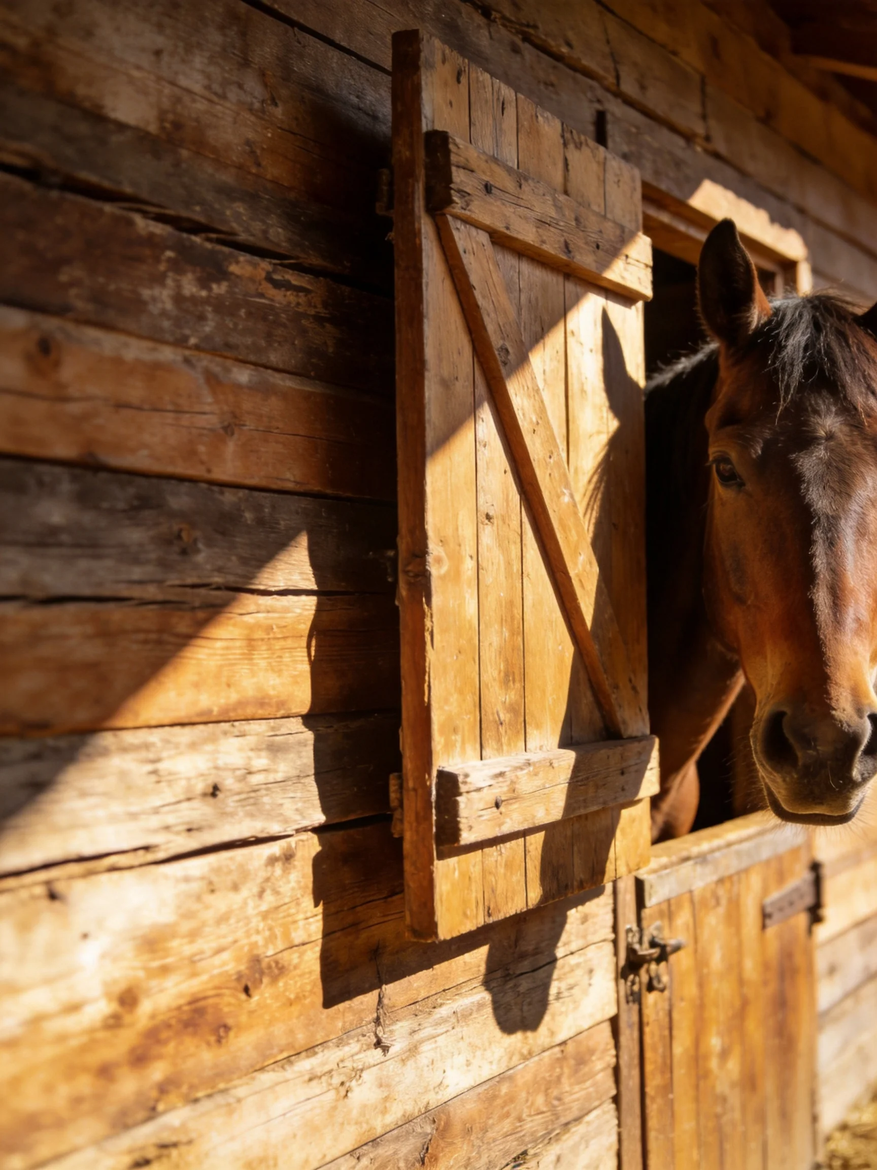 A brown horse peeks from an aged wooden stable door