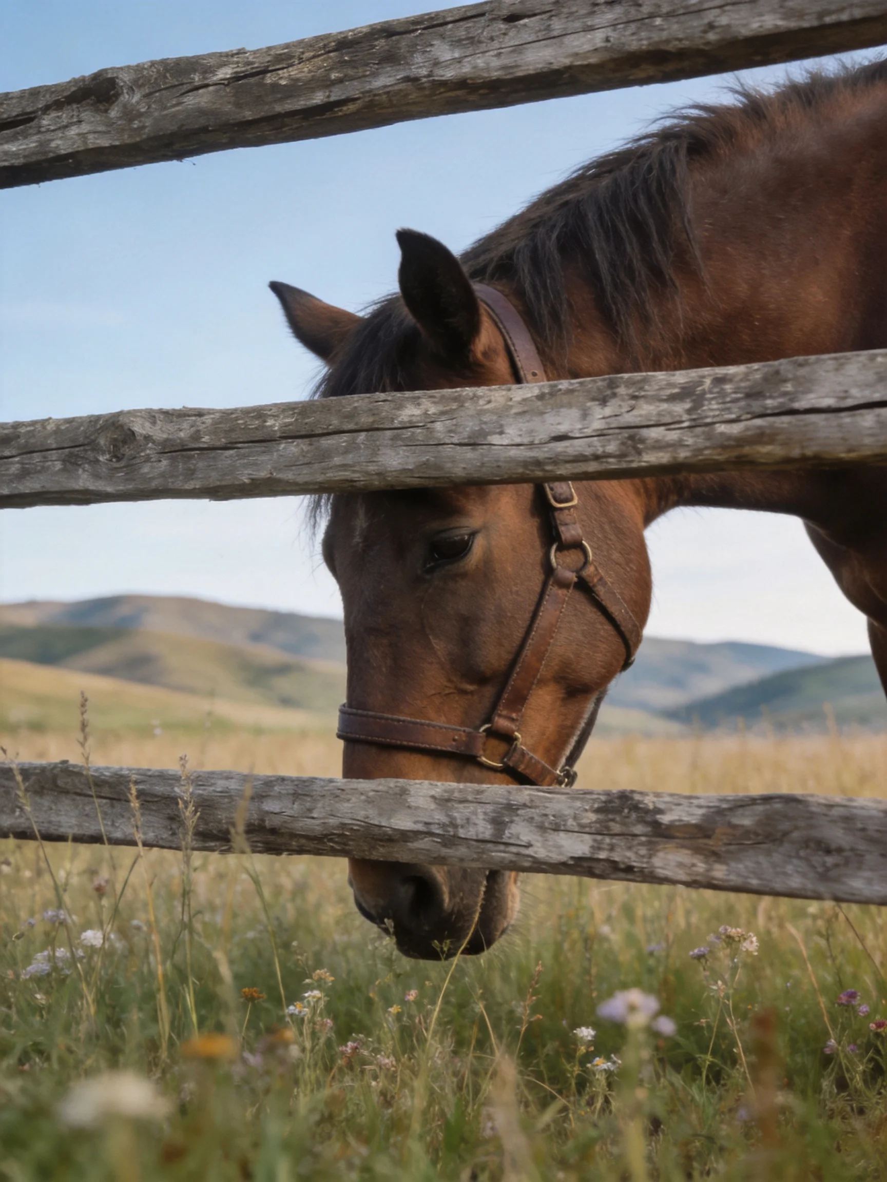 A brown horse peeks through an aged wooden fence into a wildflower meadow