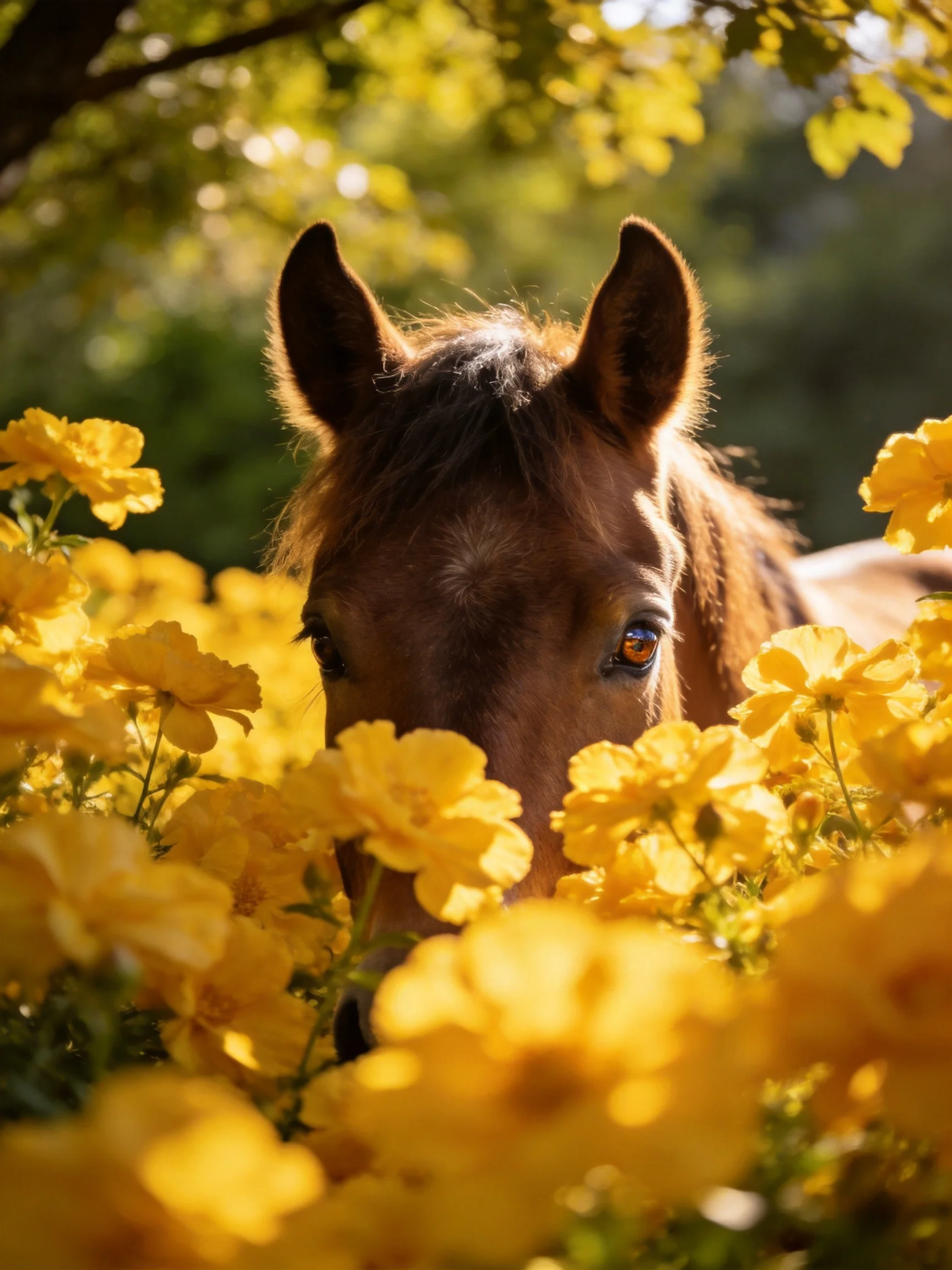 A brown horse peeks through numerous yellow blooms under warm sunlight