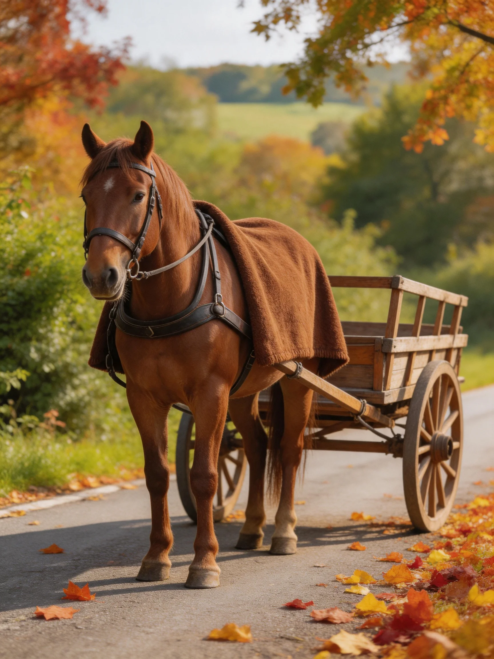 A brown horse pulling a wooden cart near autumn foliage