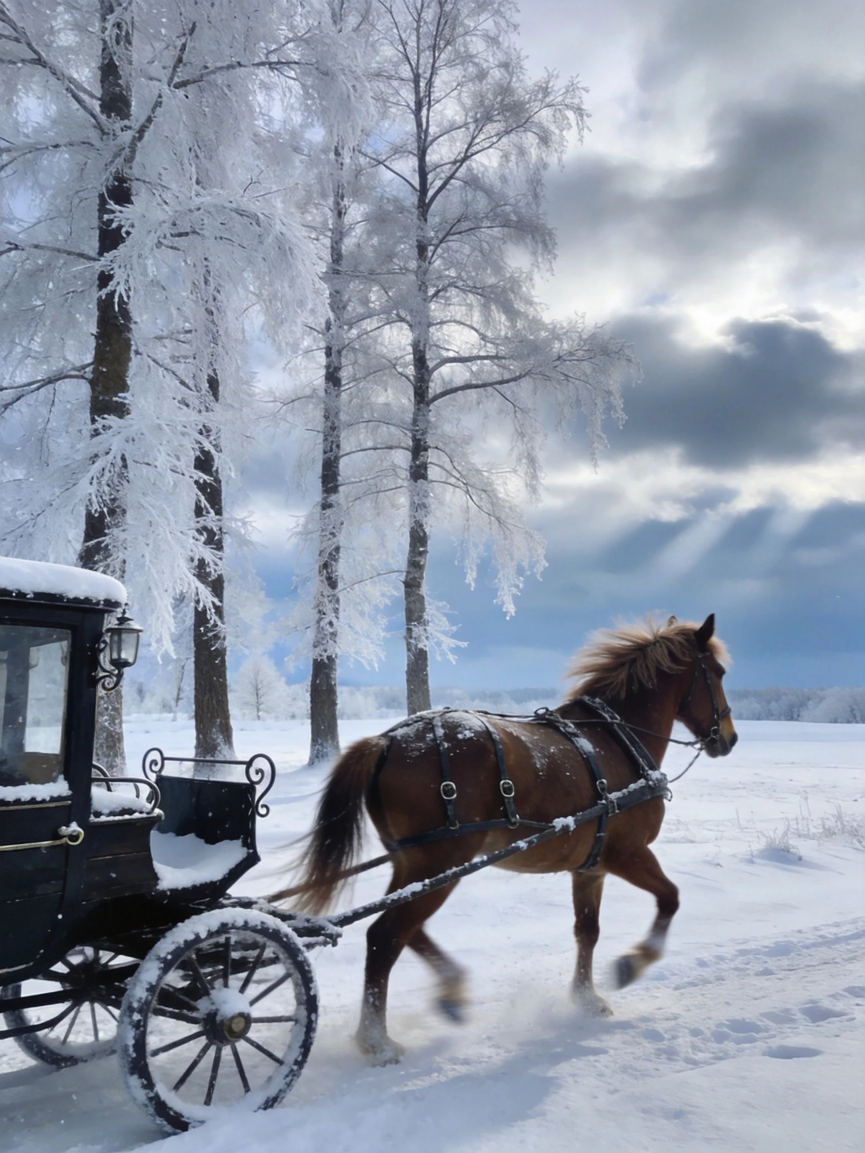 A brown horse pulls a black carriage through a snow-covered winter forest