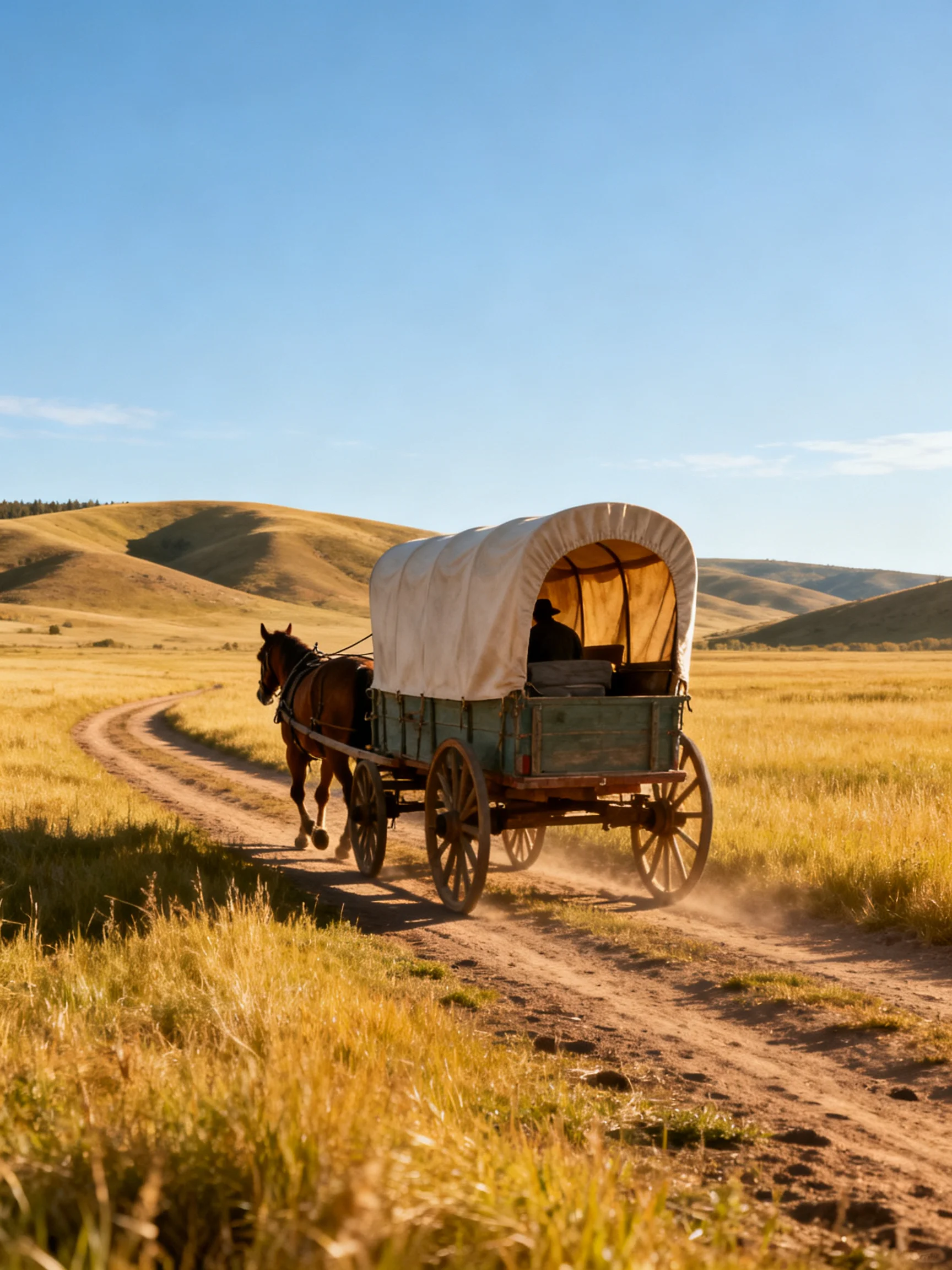 A brown horse pulls a green-wheeled covered wagon through golden fields