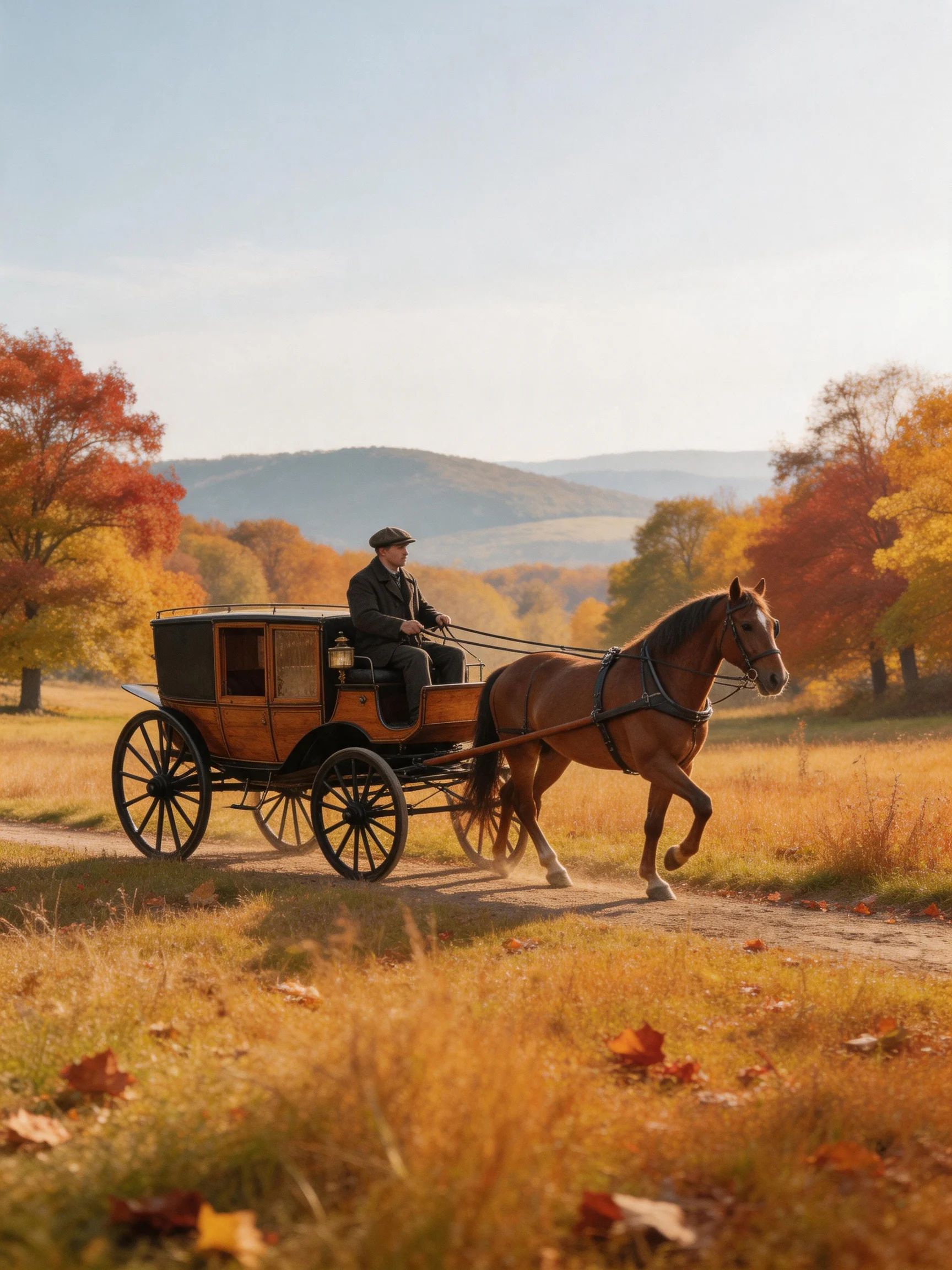 A brown horse pulls a vintage wooden carriage through golden autumn fields