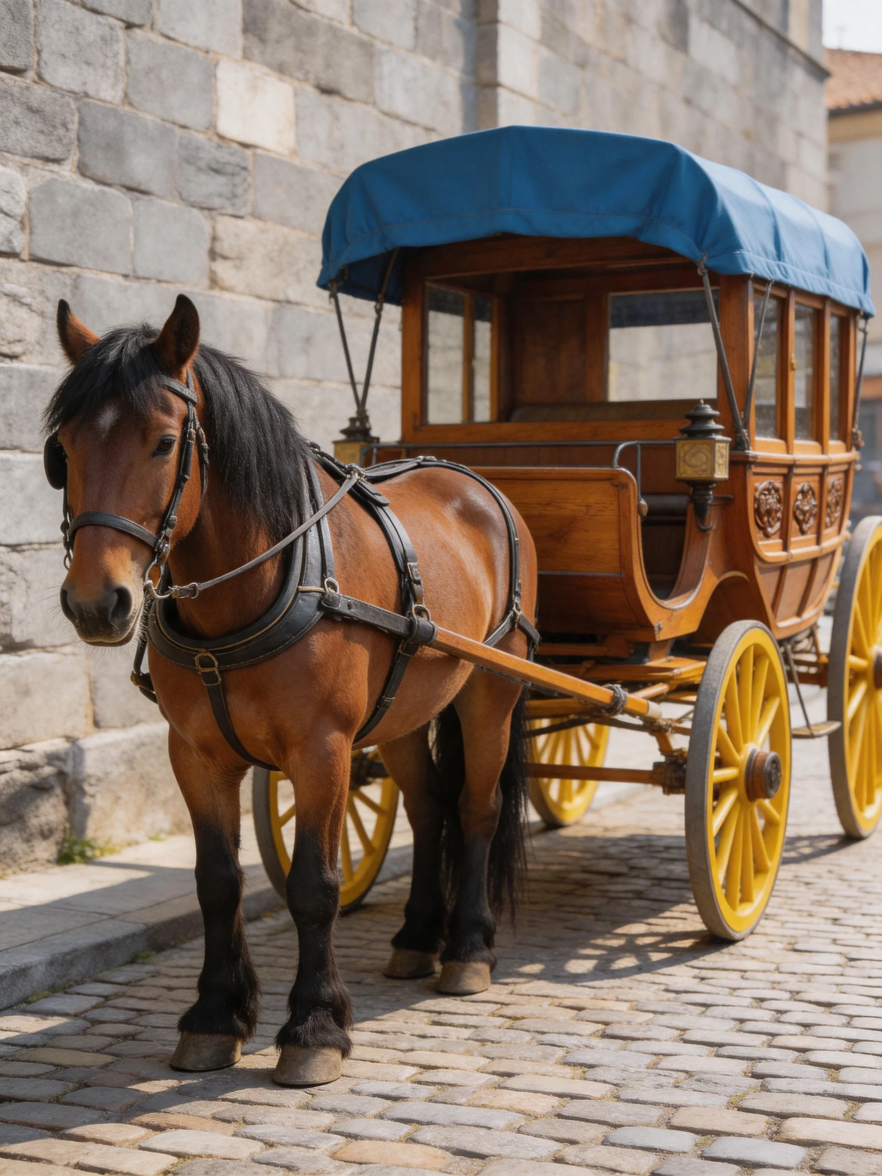 A brown horse pulls a vintage wooden carriage with yellow wheels near a stone wall