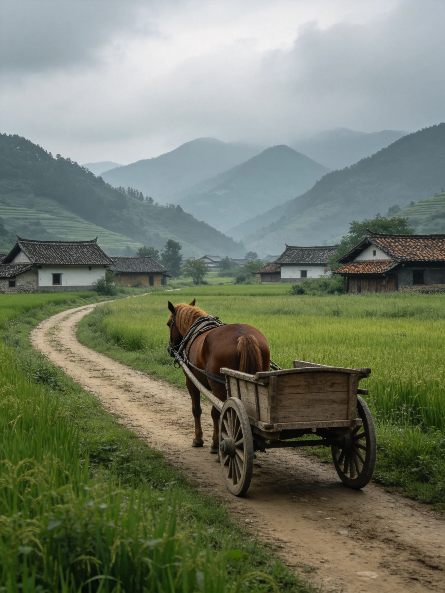 A brown horse pulls a wooden cart near traditional farmhouses by green fields