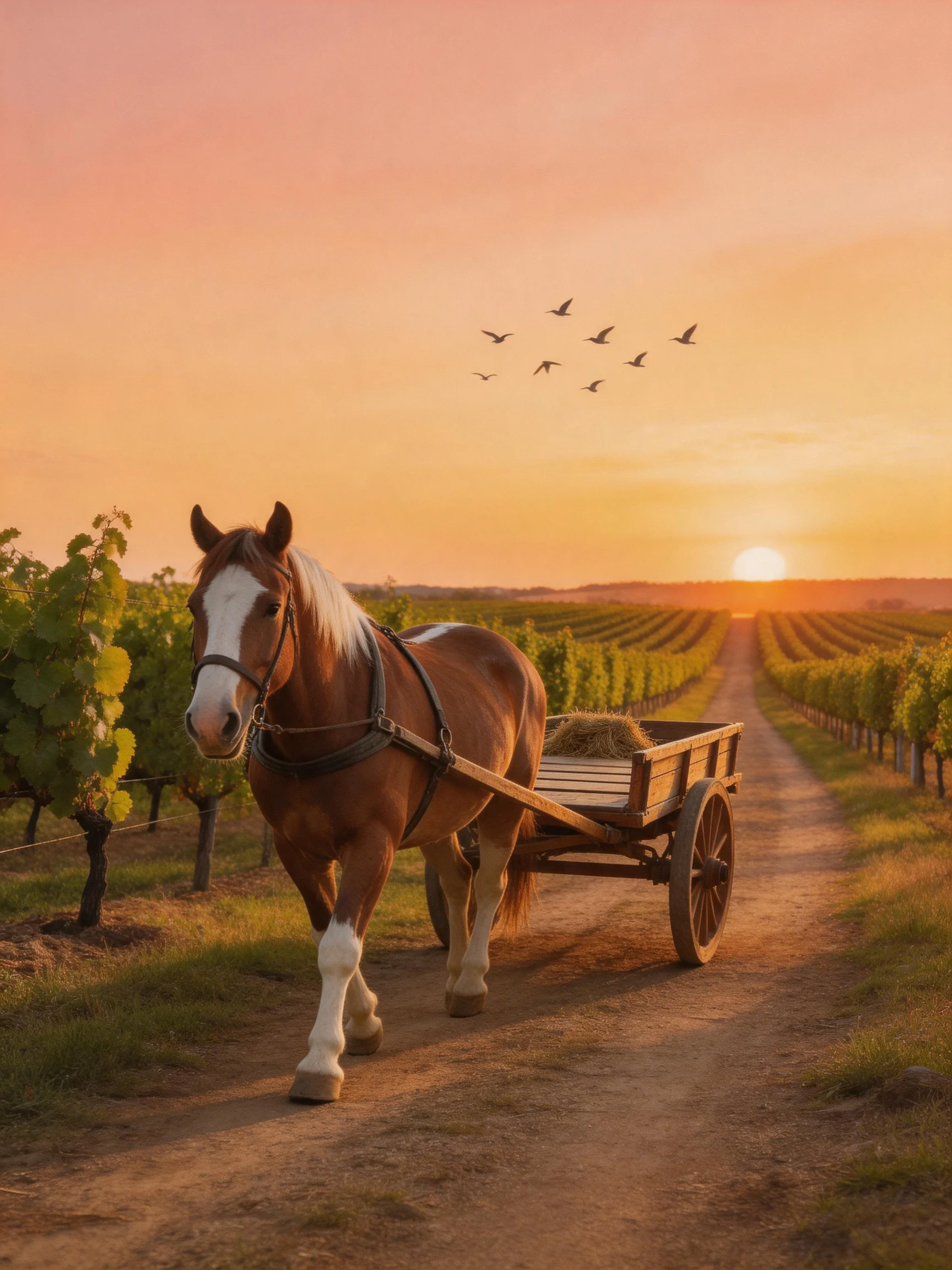A brown horse pulls a wooden cart through green vineyards at sunset