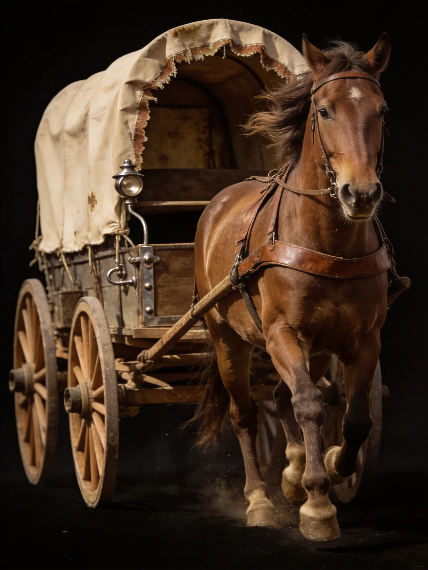 A brown horse pulls an aged wooden covered wagon