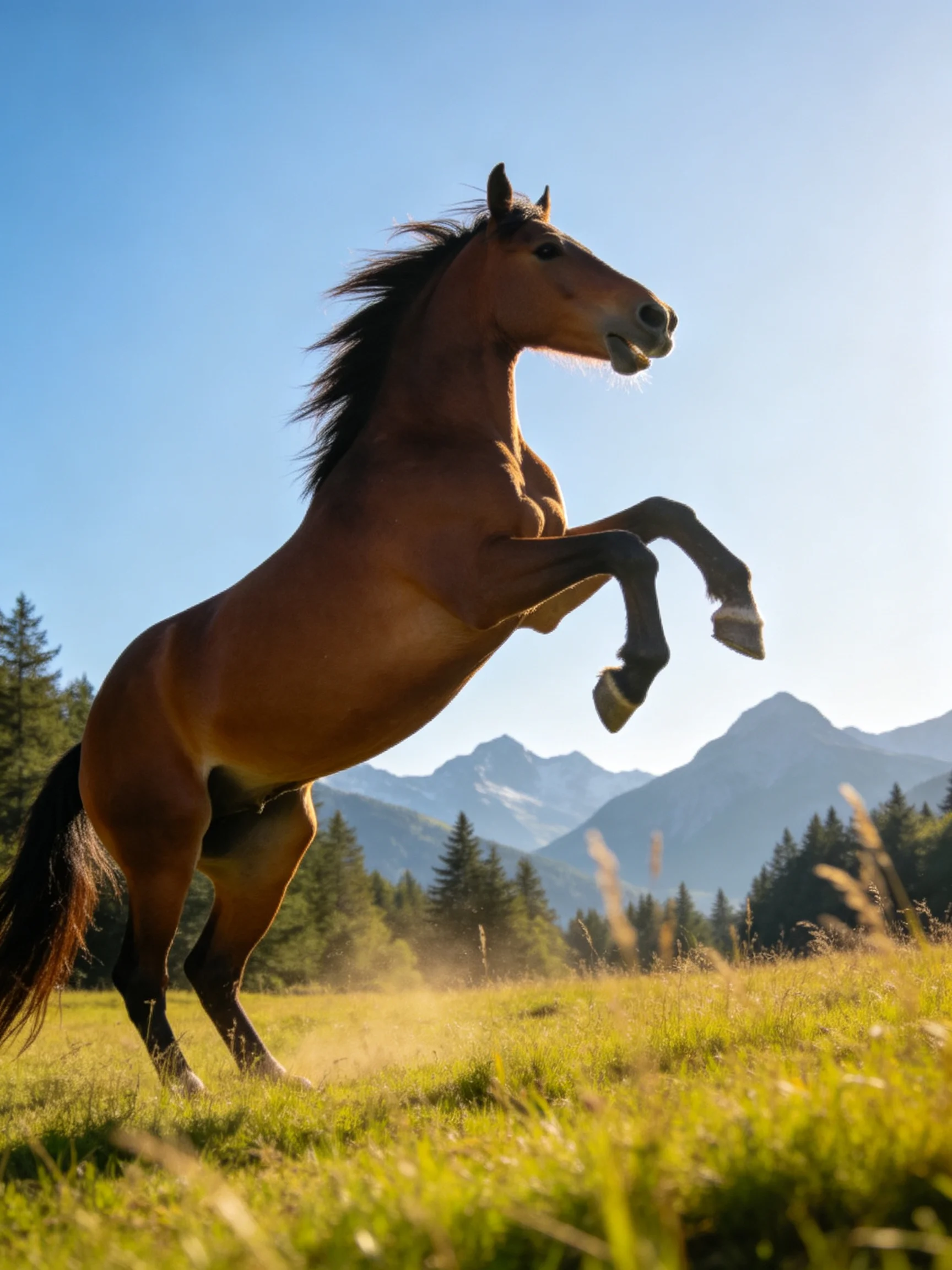 A brown horse rears in a sunlit mountain meadow