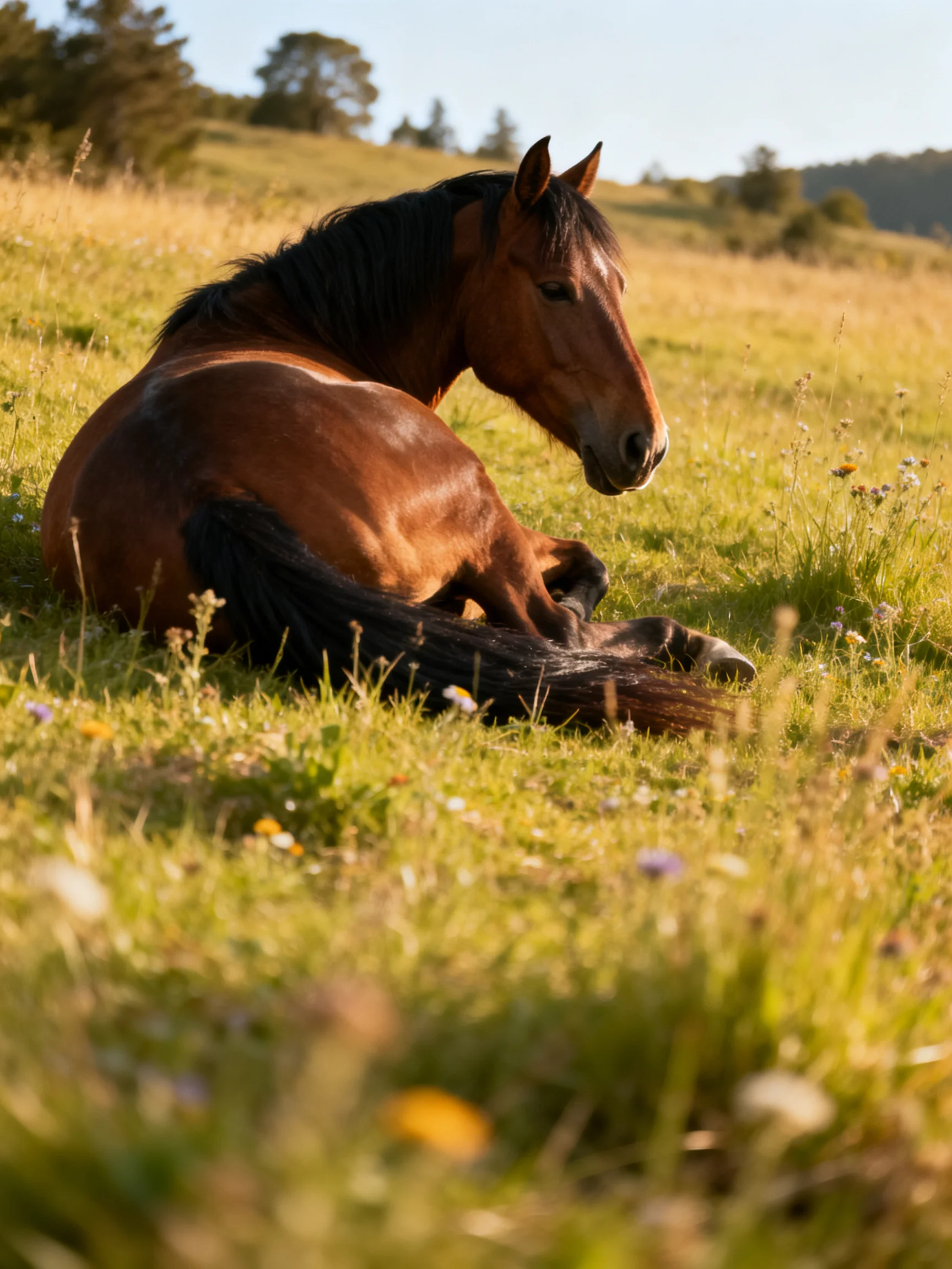 A brown horse reclining in a sunlit green meadow