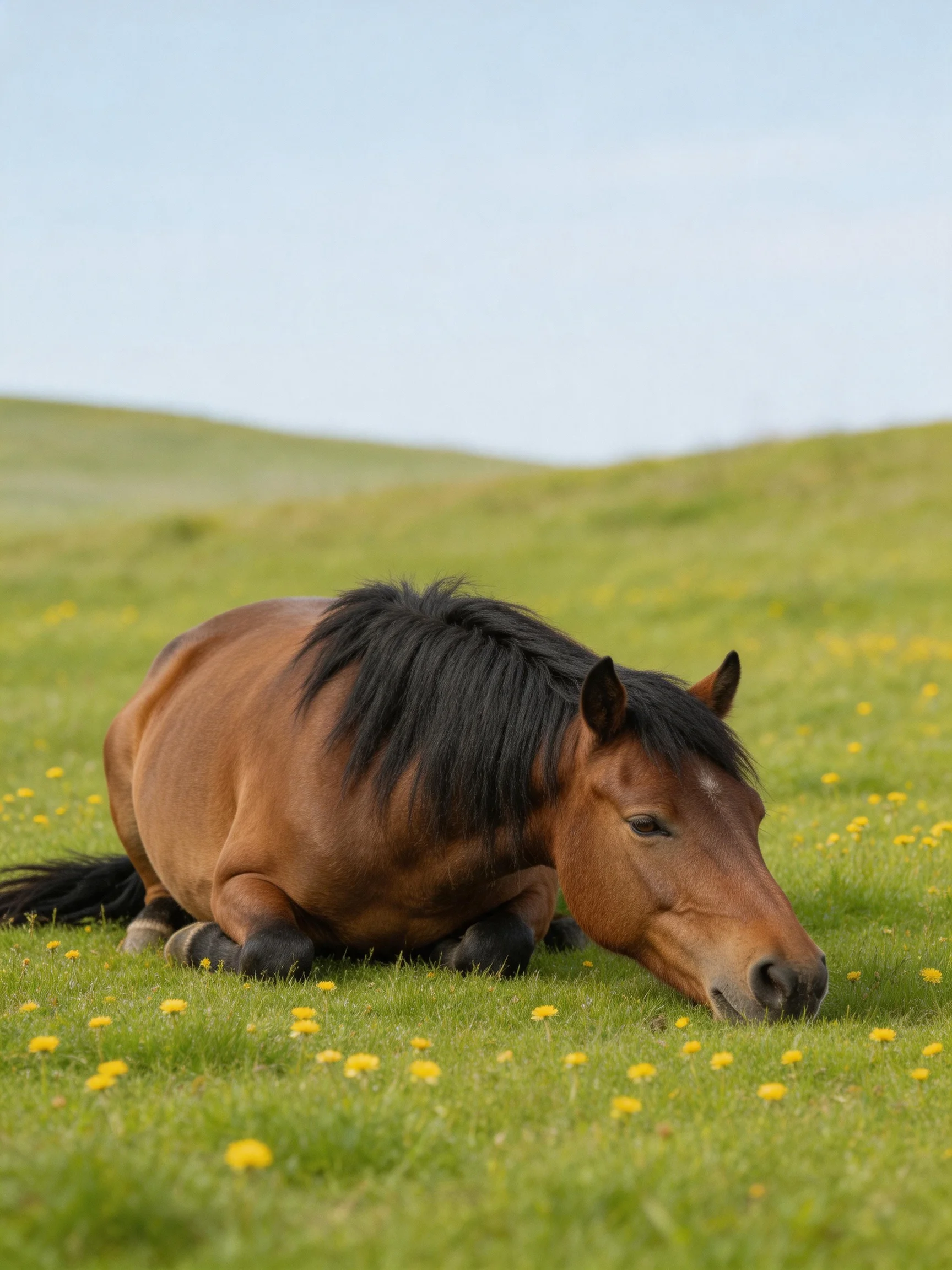 A brown horse resting in a green meadow with yellow wildflowers