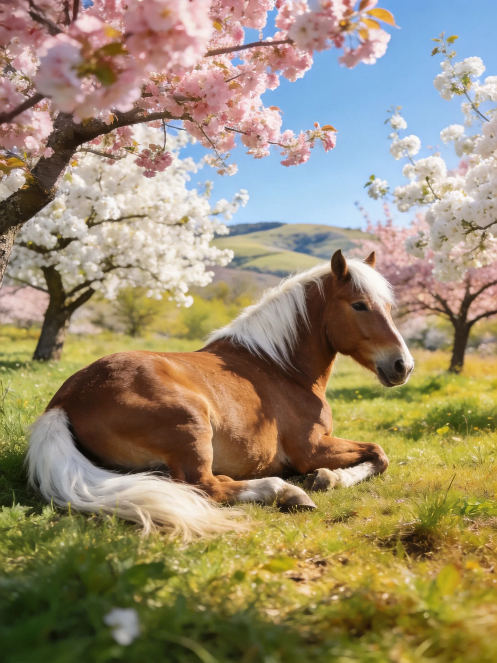 A brown horse relaxes among blooming pink and white trees in a sunny meadow.